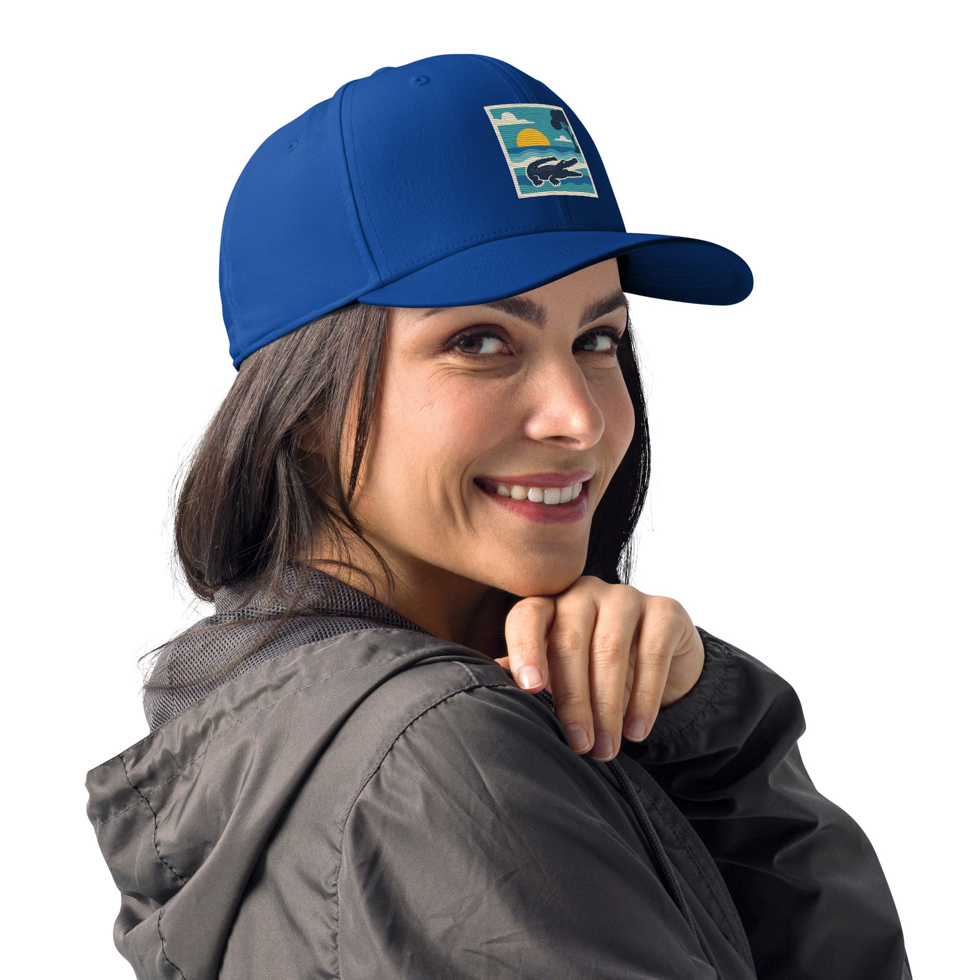 Woman wearing a blue cap with a logo on a white background