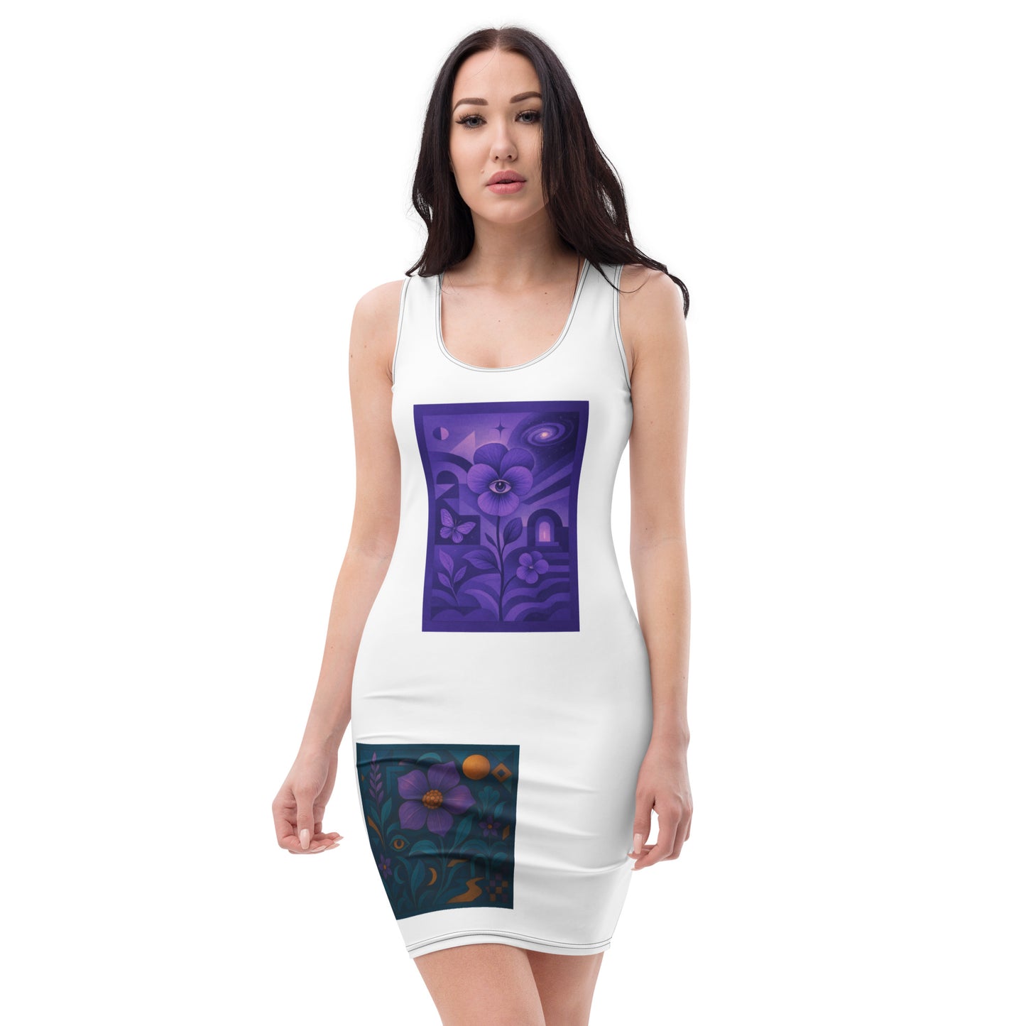 White tank dress with purple floral design on a white background