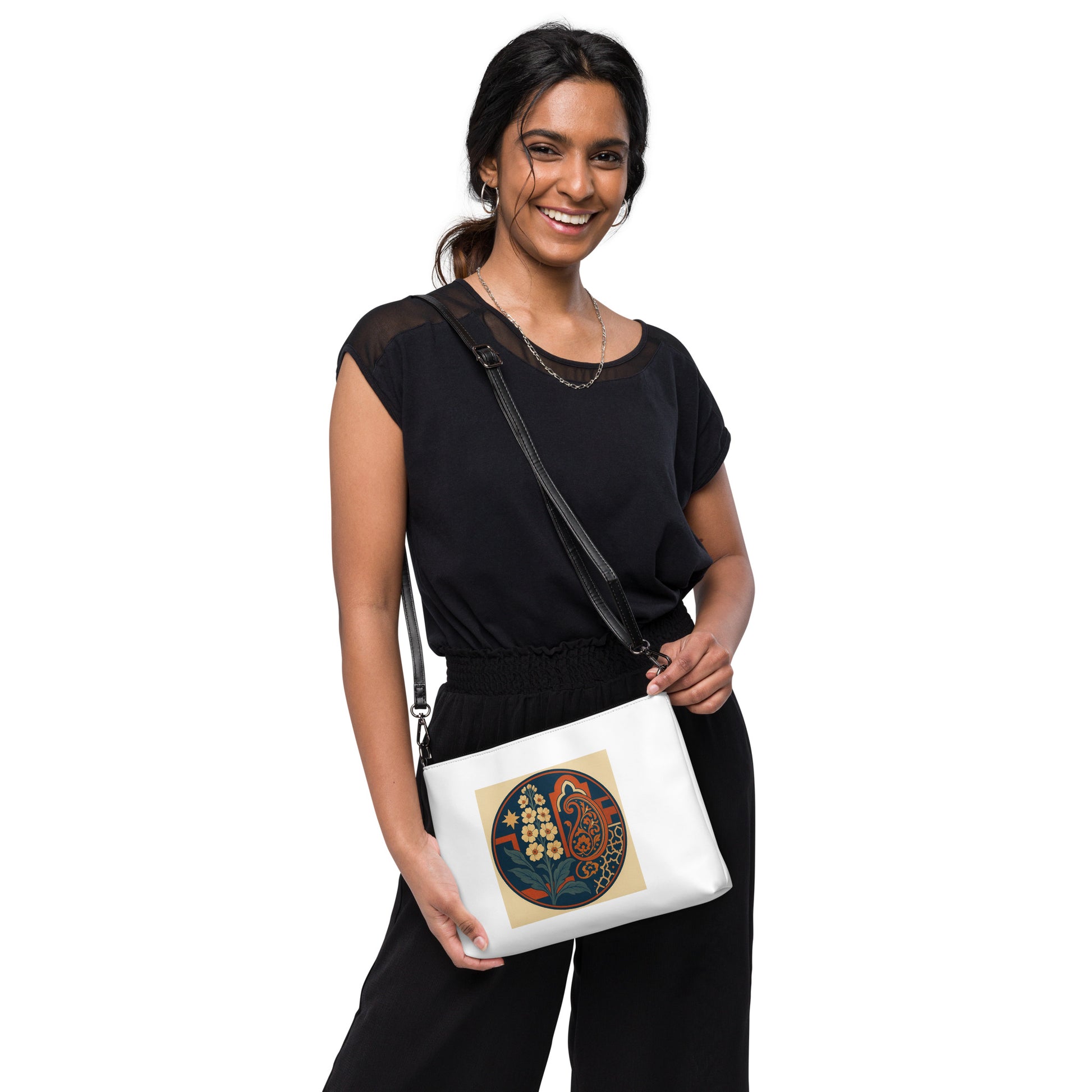 Woman holding a white bag with a colorful design on a white background