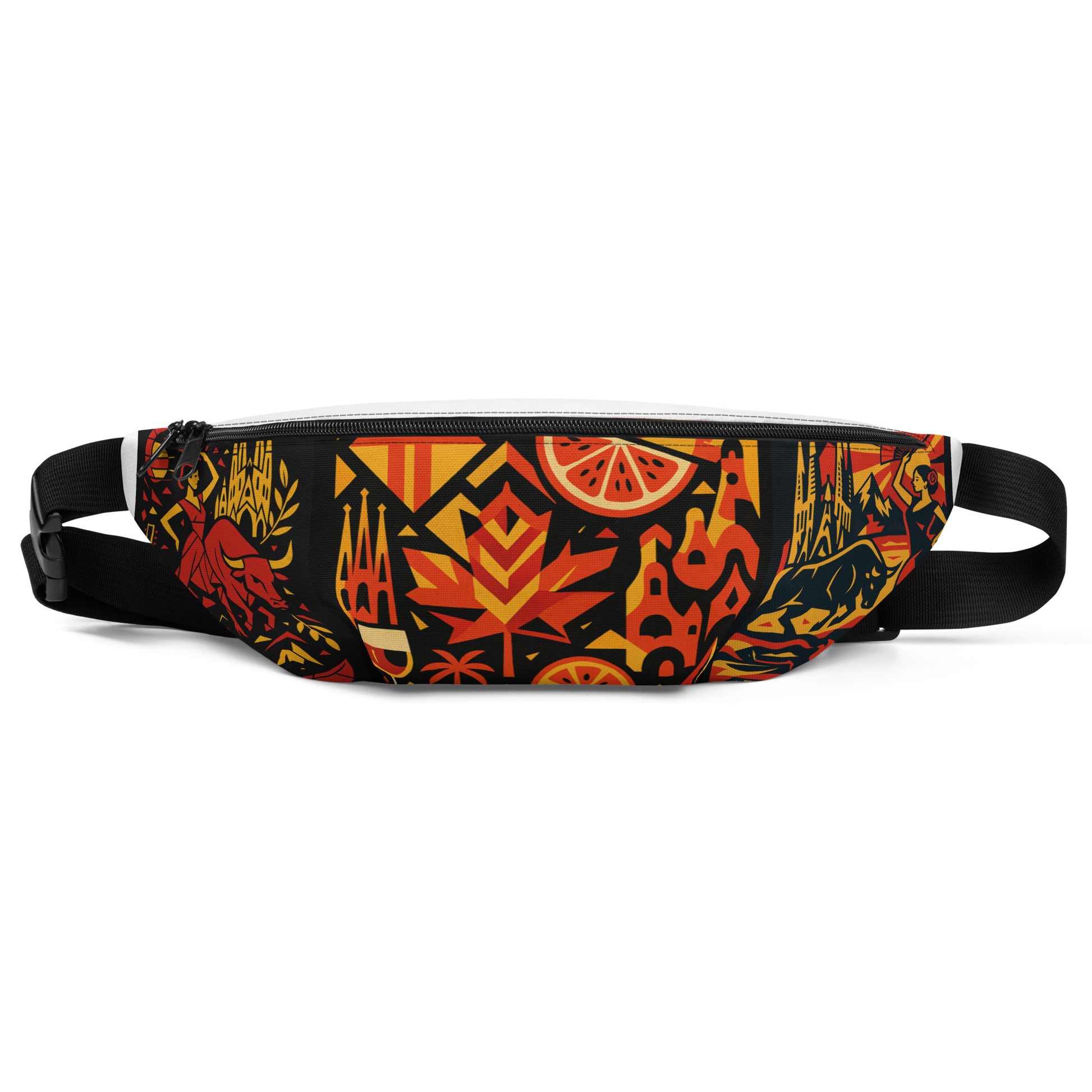 Fanny pack with colorful abstract design on a white background