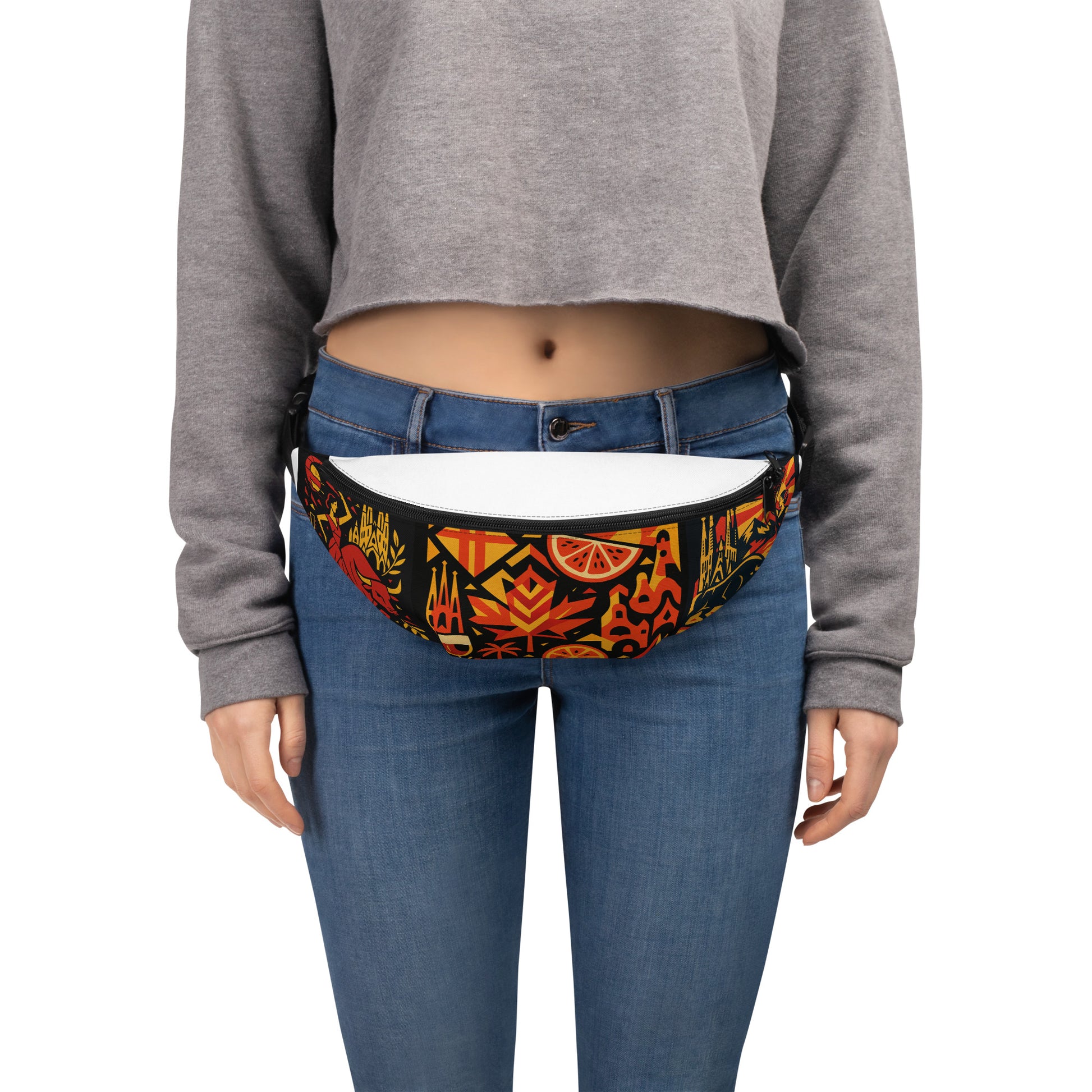 Person wearing a colorful waist bag with a pattern on a white background