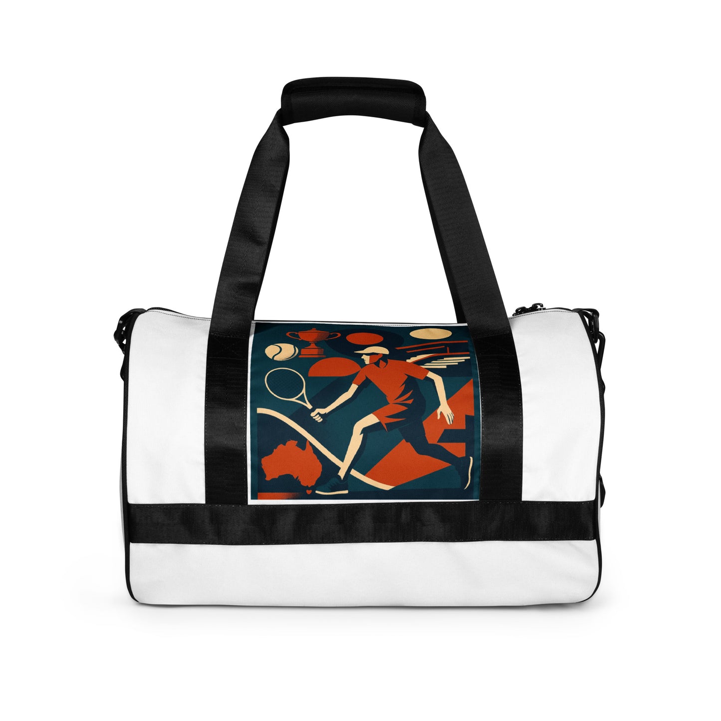 White duffel bag with black straps featuring a colorful graphic design on a white background