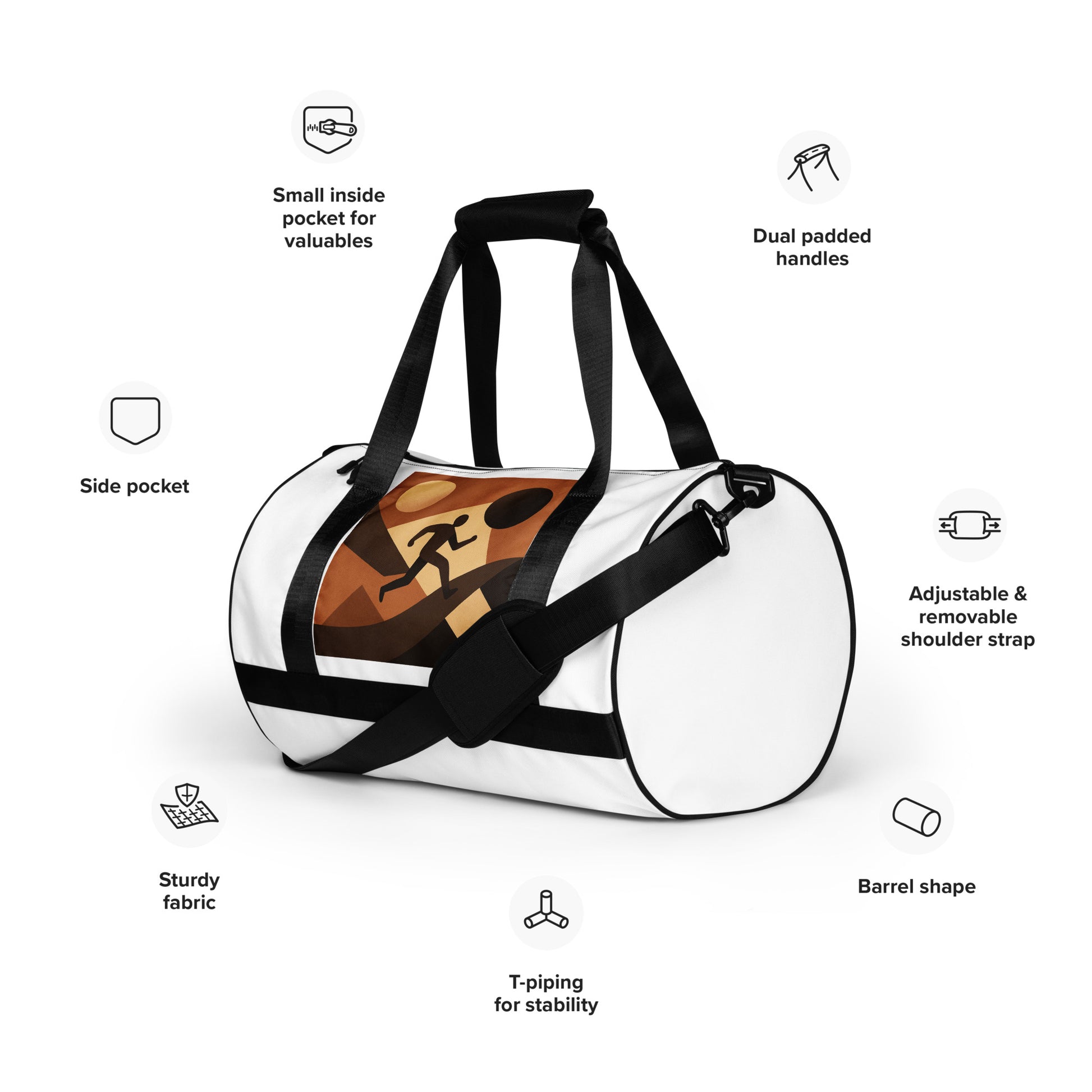 White duffel bag with black straps and a side pocket, featuring text labels on a white background.