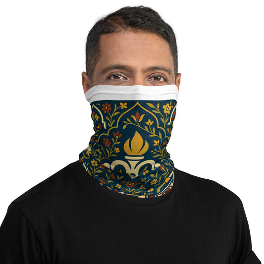 Person wearing a decorative neck gaiter with floral and flame design on a white background