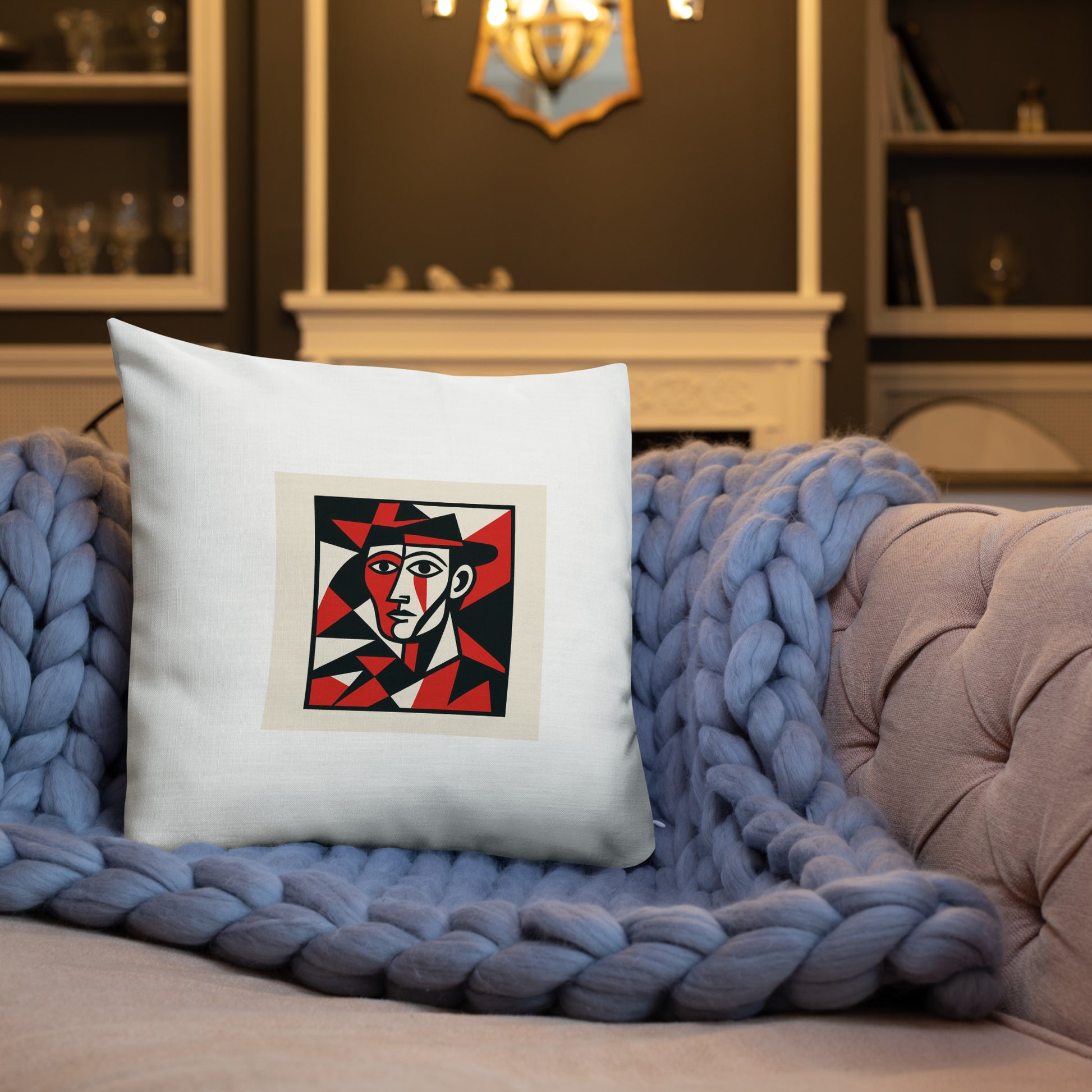 Decorative pillow with a geometric face design on a couch with a blue throw blanket.