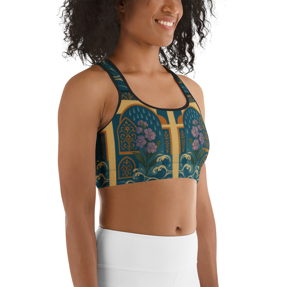 Woman wearing a patterned sports bra on a white background persian