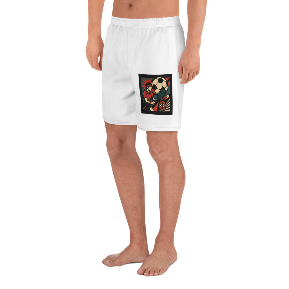 White shorts with a colorful graphic on a white background
