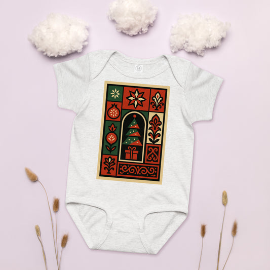 White baby onesie with a festive design on a light pink background