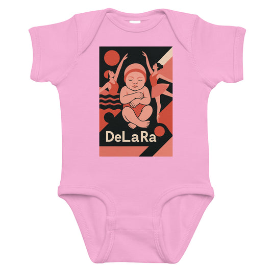 Pink baby onesie with a graphic design and 'DeLaRa' text on a white background