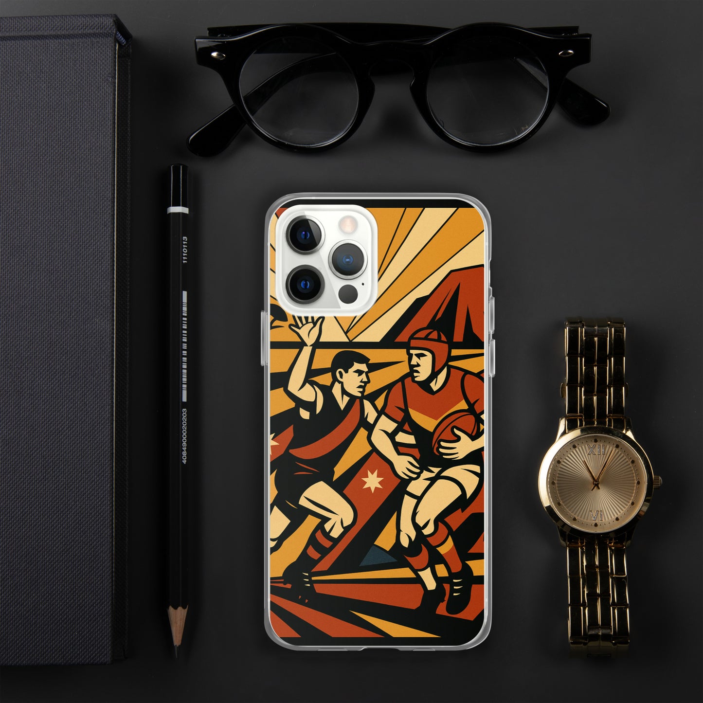 Phone case with sports design on a dark surface with glasses, pen, pencil, and watch.