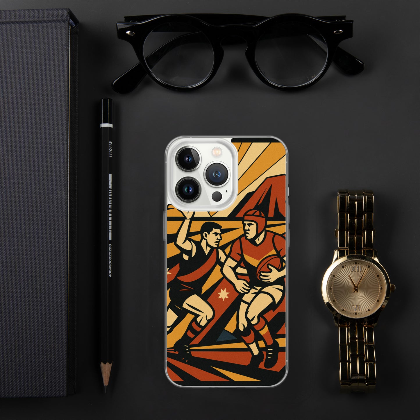 Phone case with sports design on a dark surface with glasses, pen, and watch.
