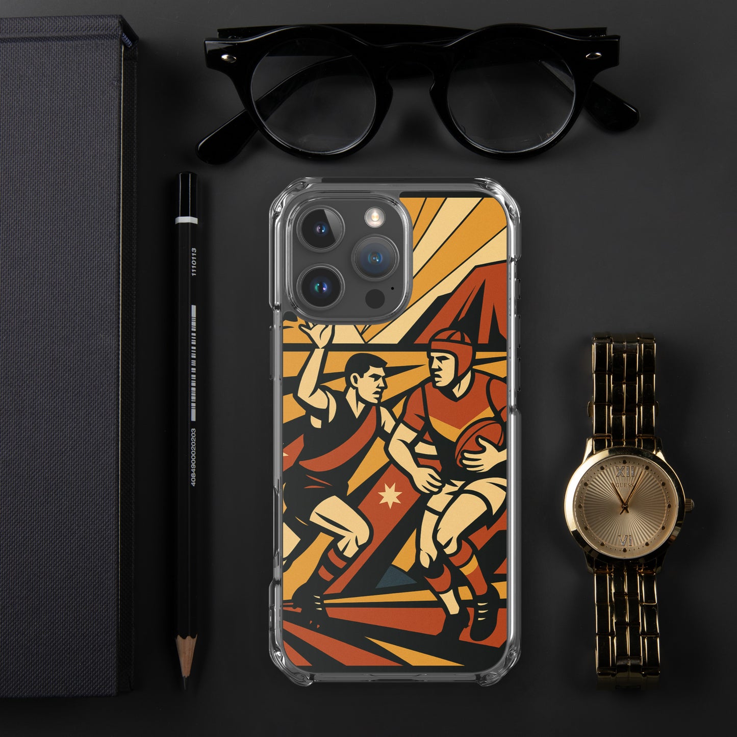 Phone case with sports design, glasses, pen, pencil, notebook, and watch on a dark surface