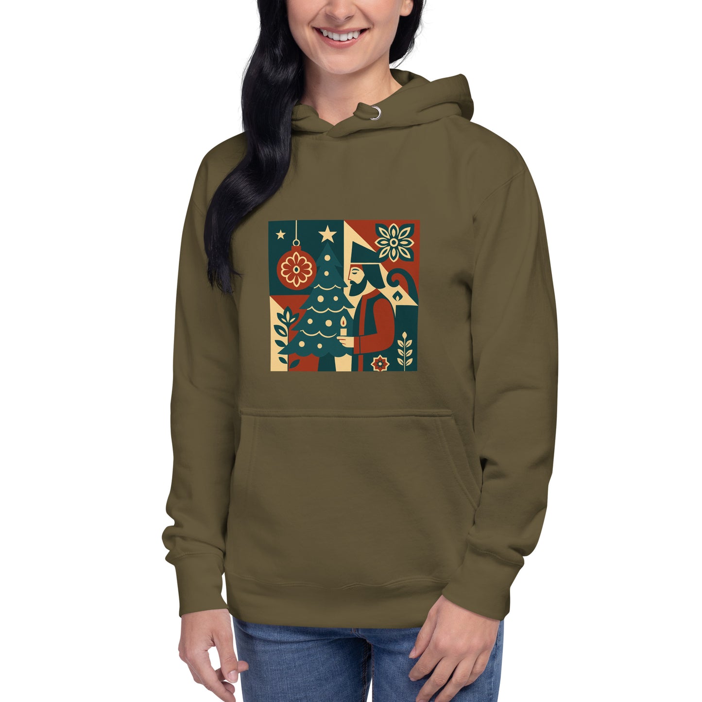 Person wearing a green hoodie with a colorful graphic design on a white background