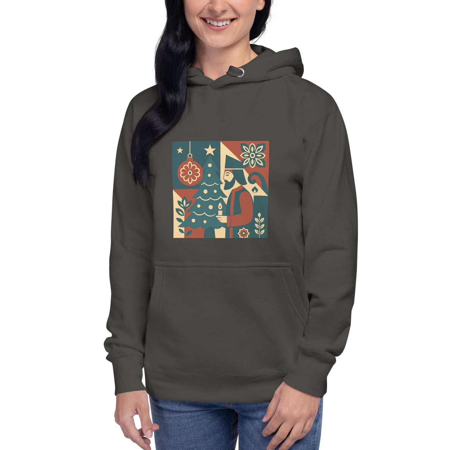 Person wearing a dark gray hoodie with a colorful graphic design on a white background