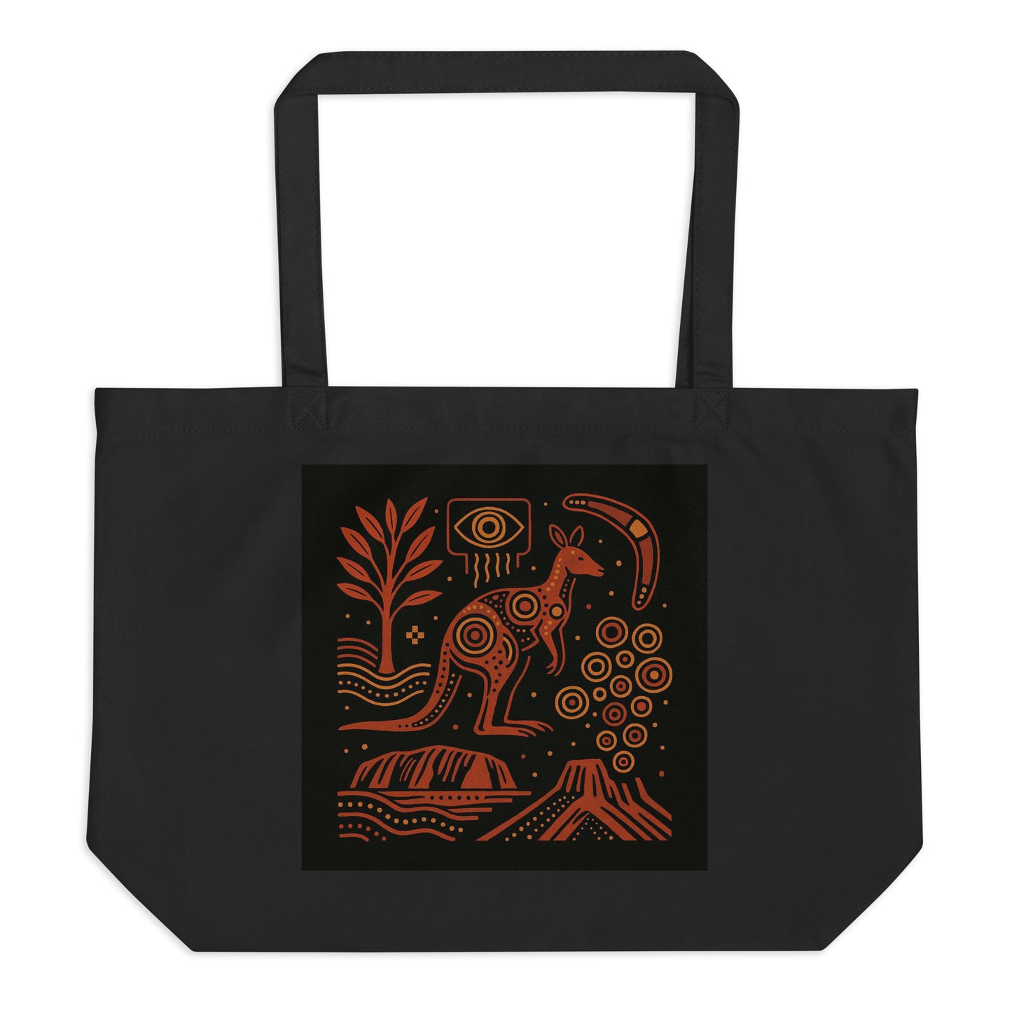Black tote bag with orange kangaroo design on a white background