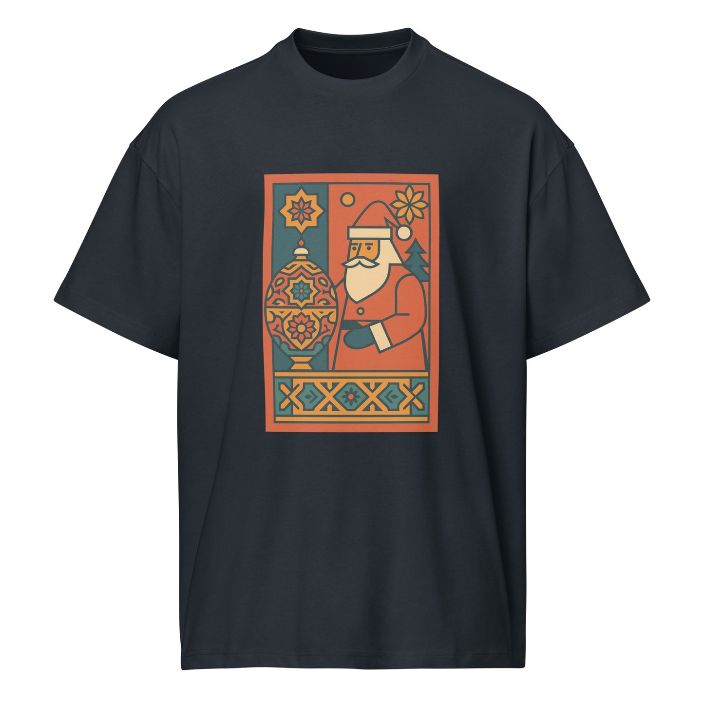 Black t-shirt with a colorful graphic of Santa Claus on a white background