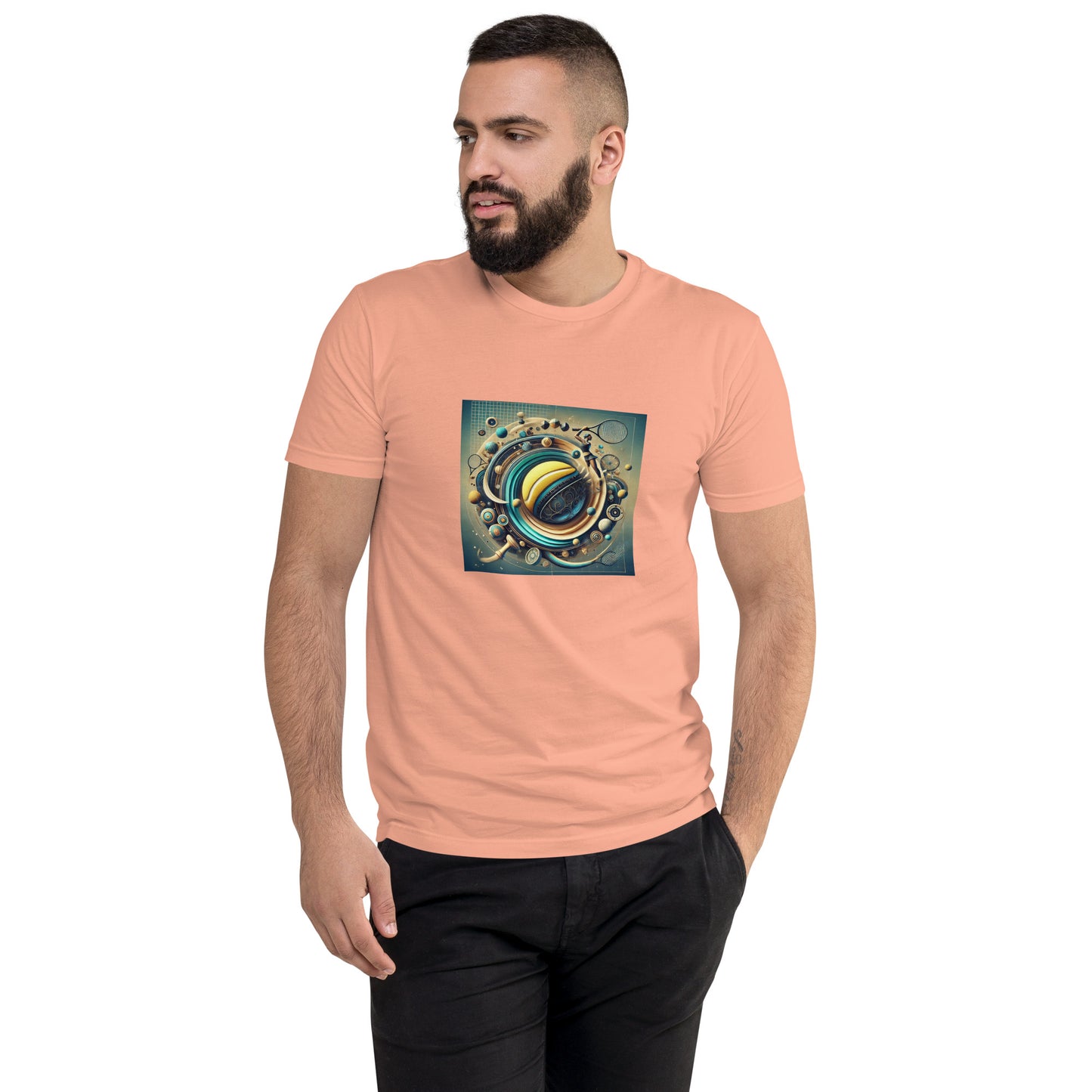 Man wearing a peach t-shirt with a colorful graphic design on a white background