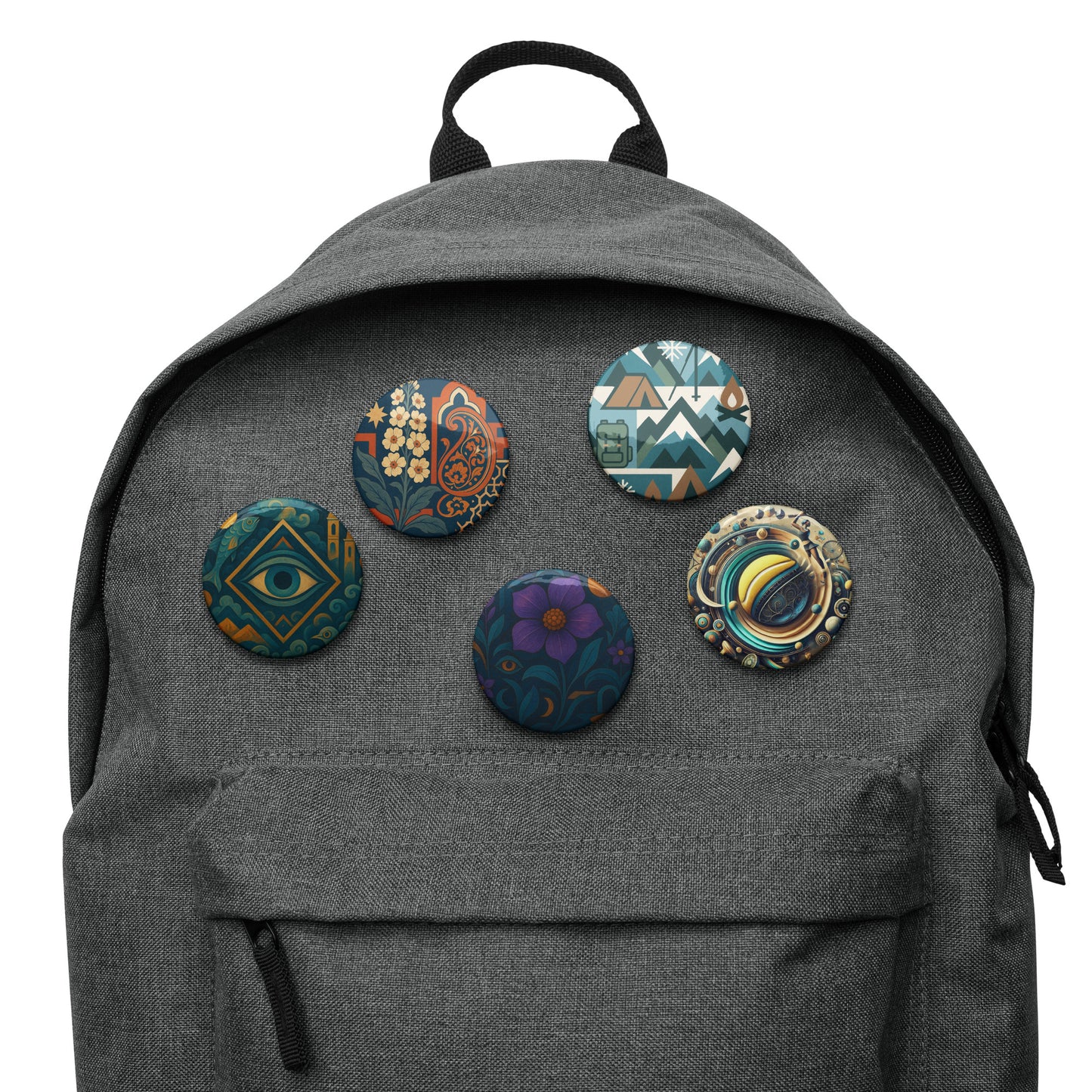 Gray backpack with decorative pins on a white background