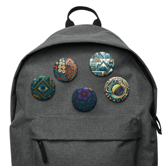 Gray backpack with decorative pins on a white background
