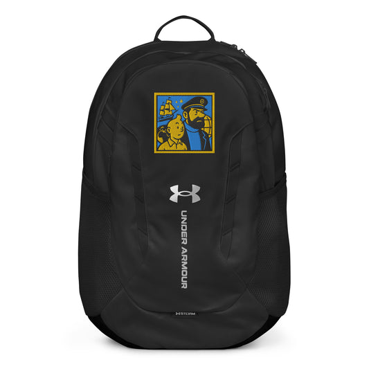 Black Under Armour backpack with a graphic design on a white background