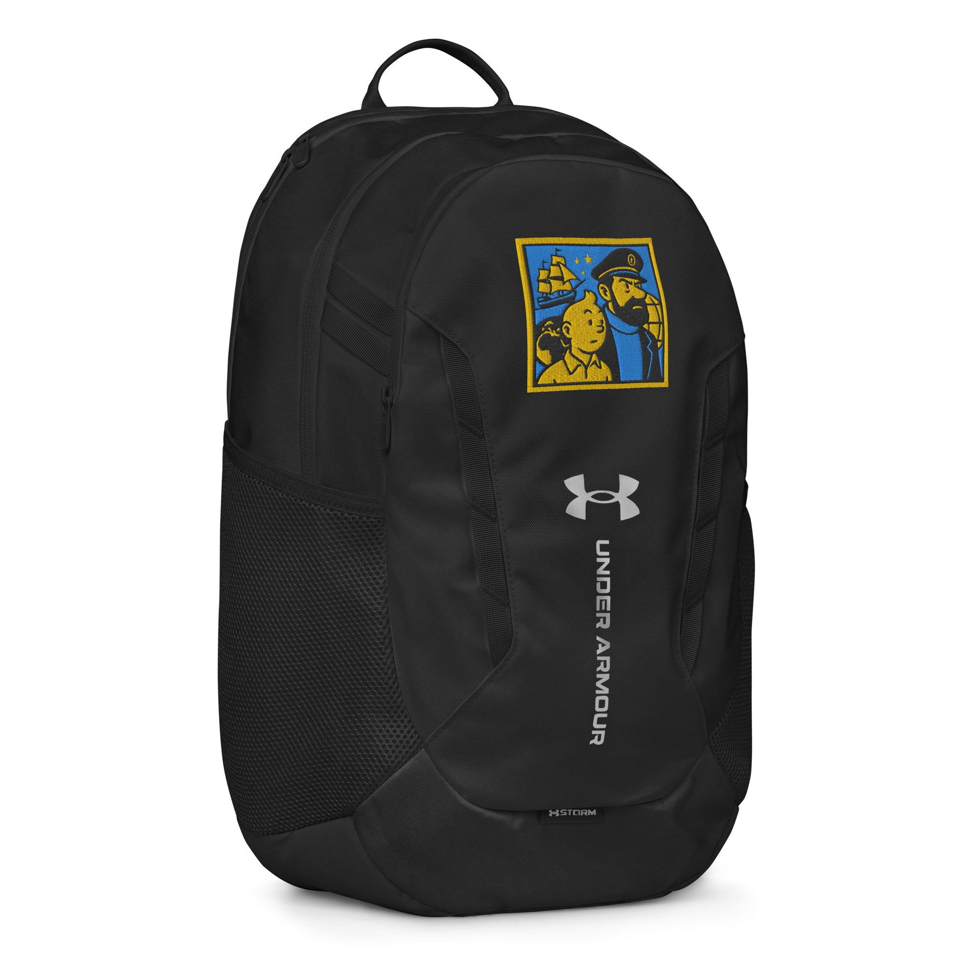 Black Under Armour backpack with a logo on a white background