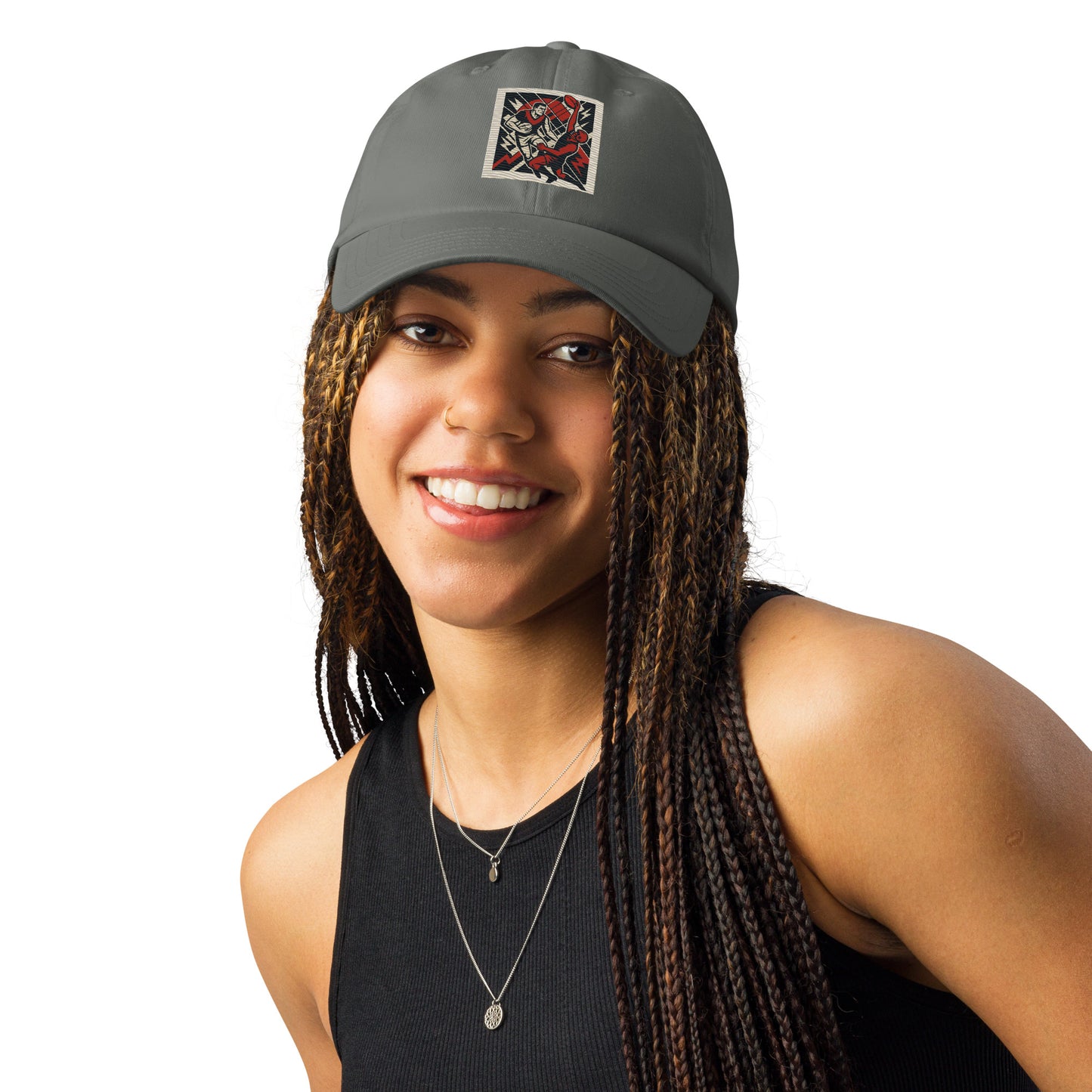 Woman wearing a gray cap with a logo on a white background