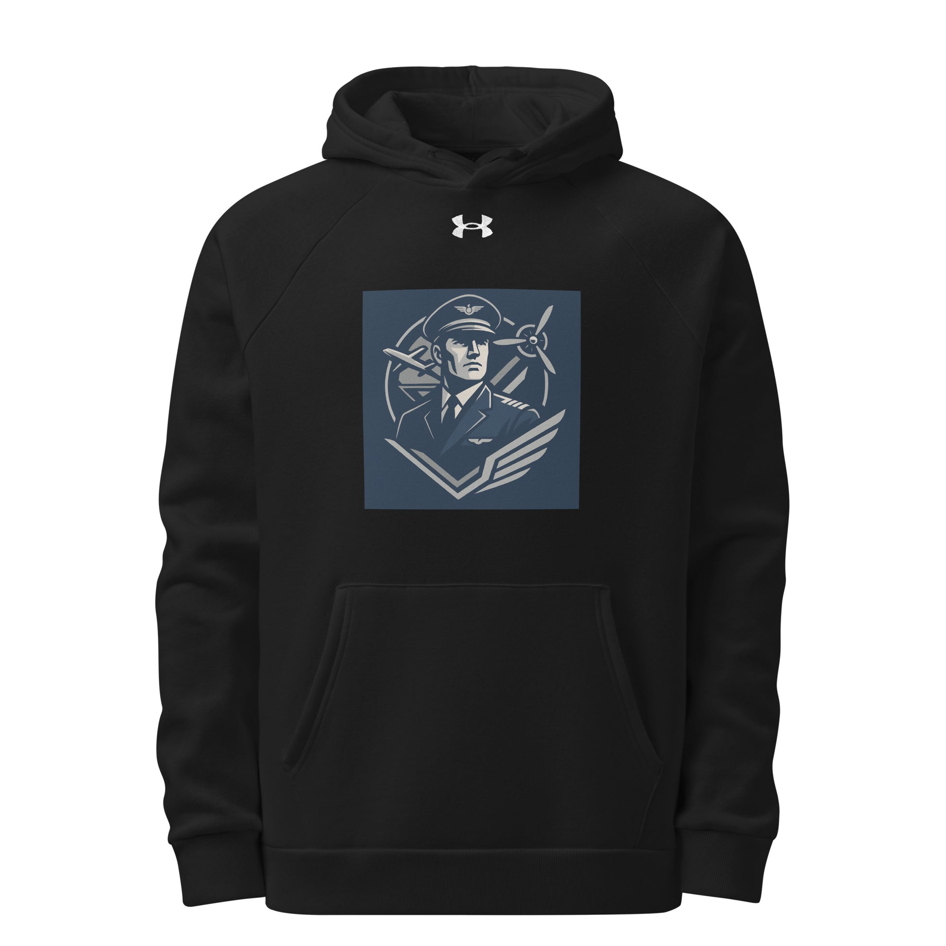 Black hoodie with a graphic design on a white background