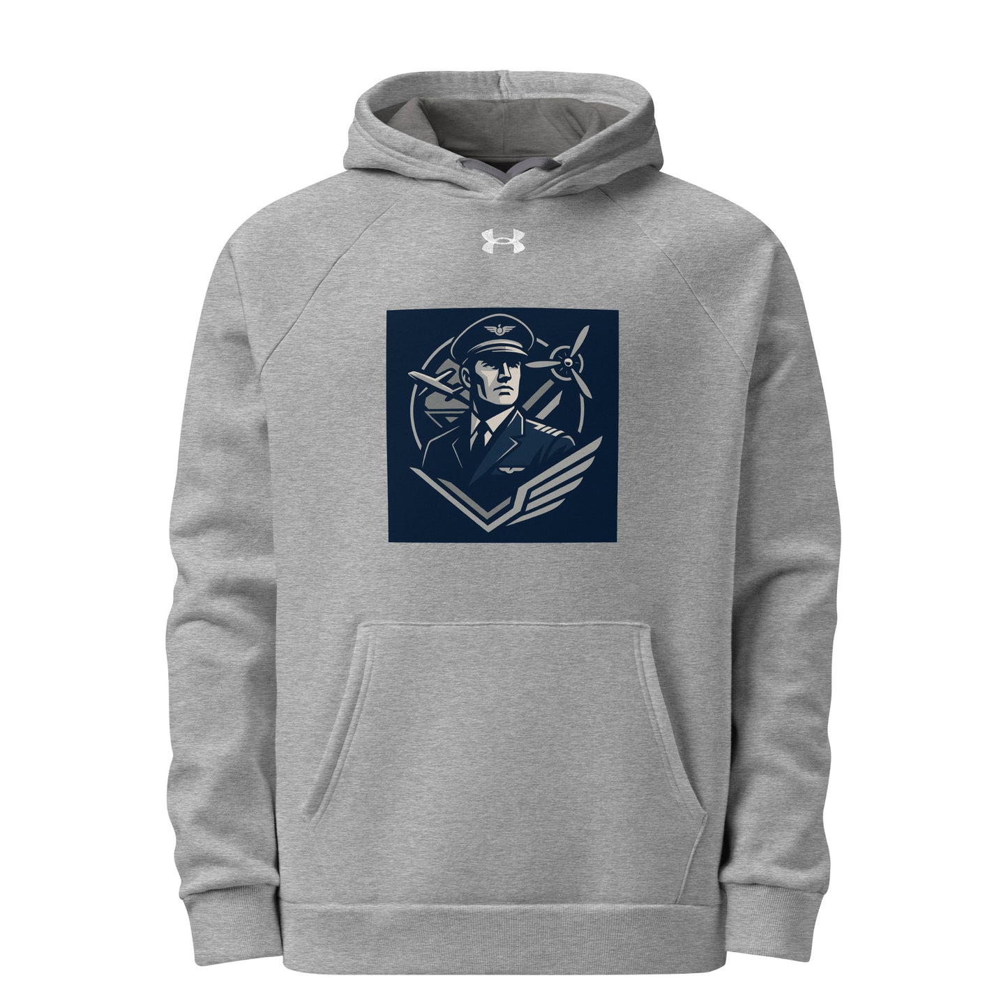 Gray hoodie with a navy blue logo on a white background