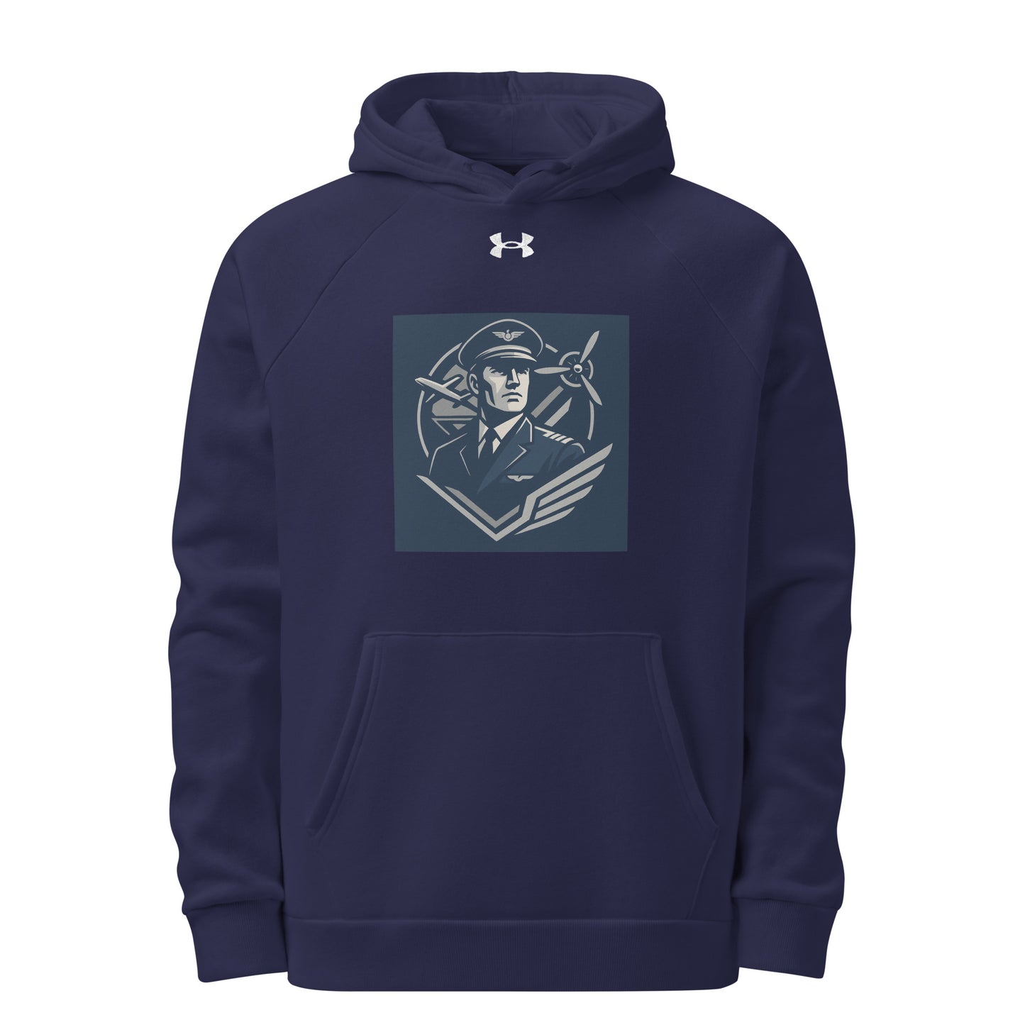 Navy blue hoodie with a graphic design on a white background