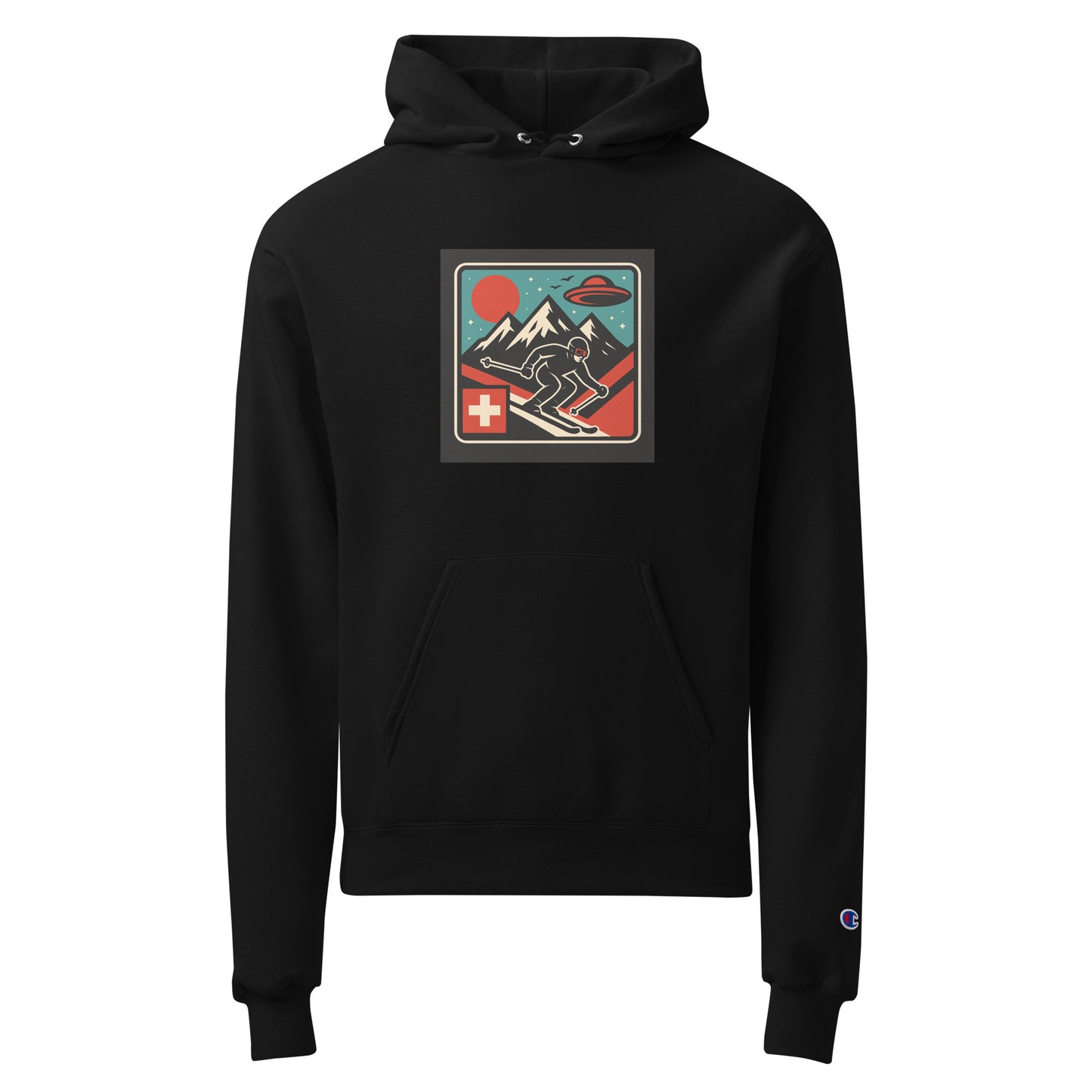 Black hoodie with a graphic design on the chest against a white background