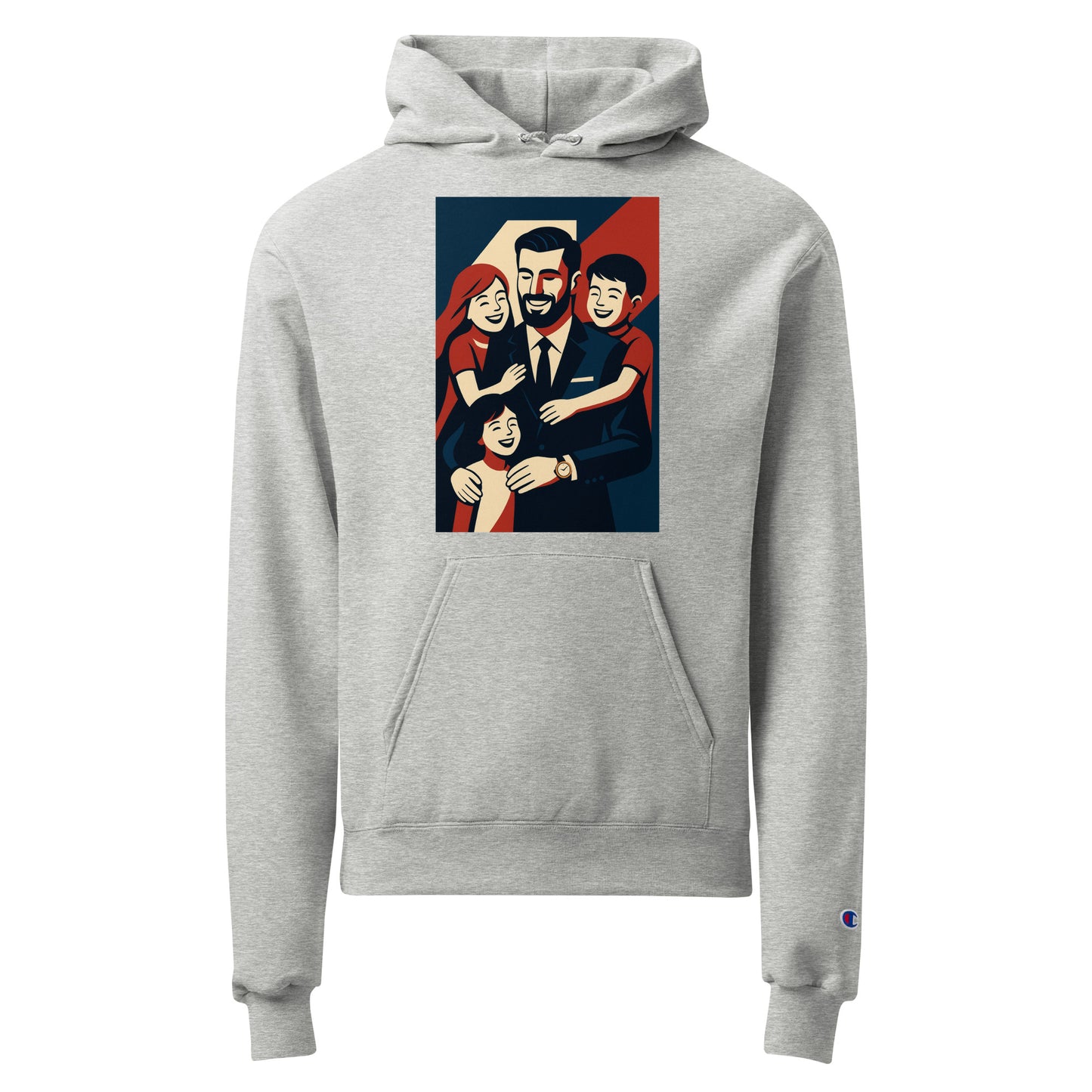 Gray hoodie with a graphic of a family on the chest against a white background