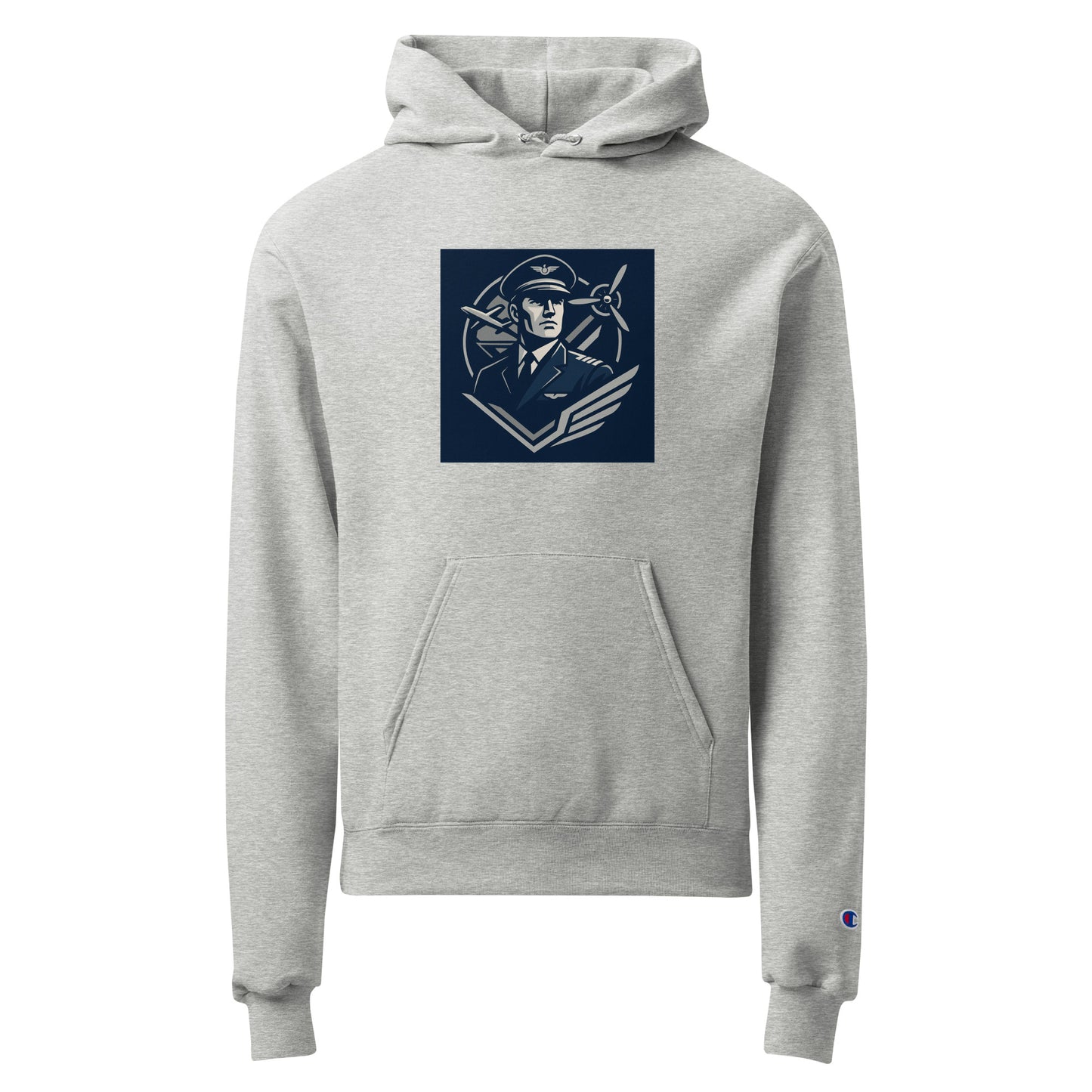 Gray hoodie with a navy blue logo on a white background