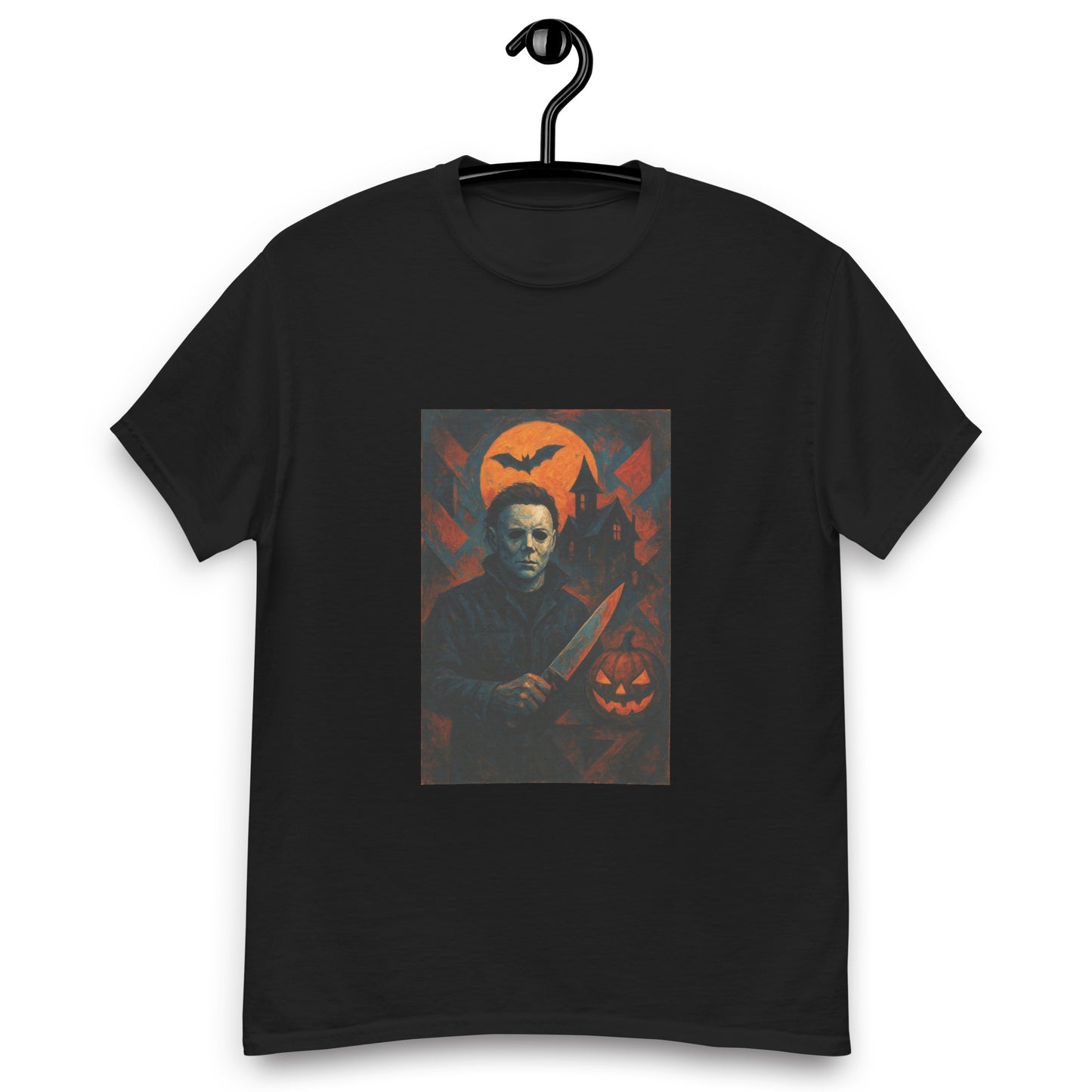 Black t-shirt with a graphic design of a character holding a knife, surrounded by pumpkins and bats, on a hanger.
