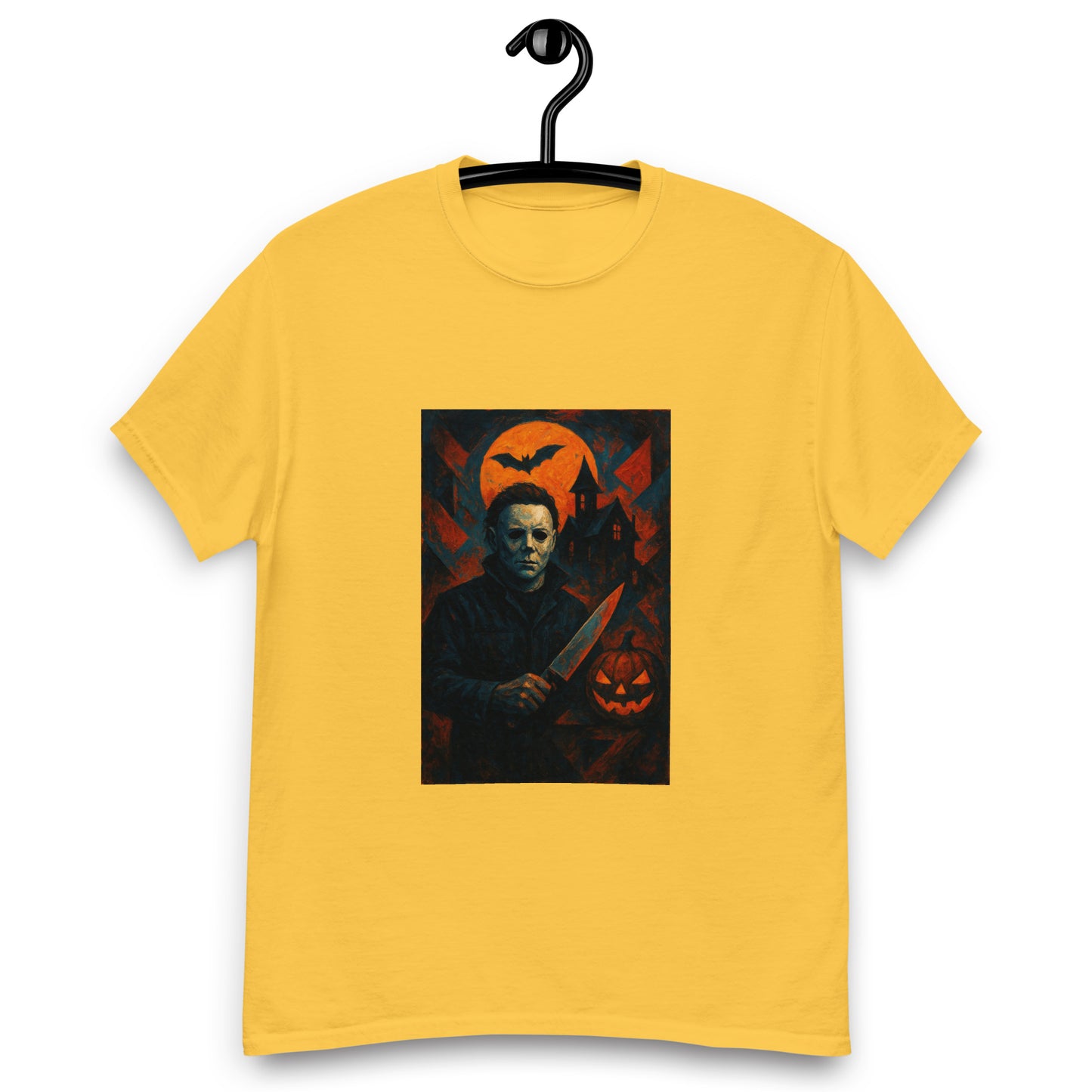 Yellow t-shirt with a graphic design of a HORROR character holding a knife and a pumpkin, on a hanger against a white background.