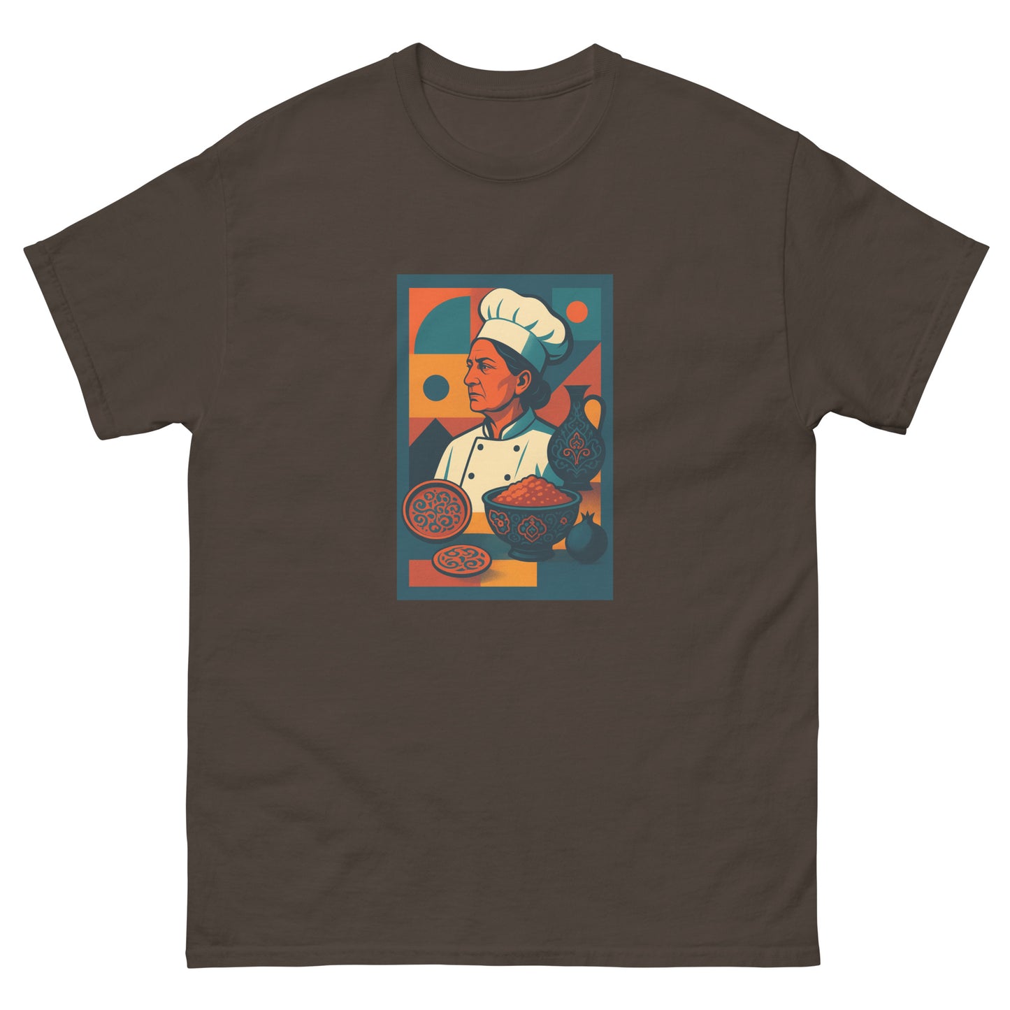 Brown t-shirt with a colorful graphic of a chef on a white background