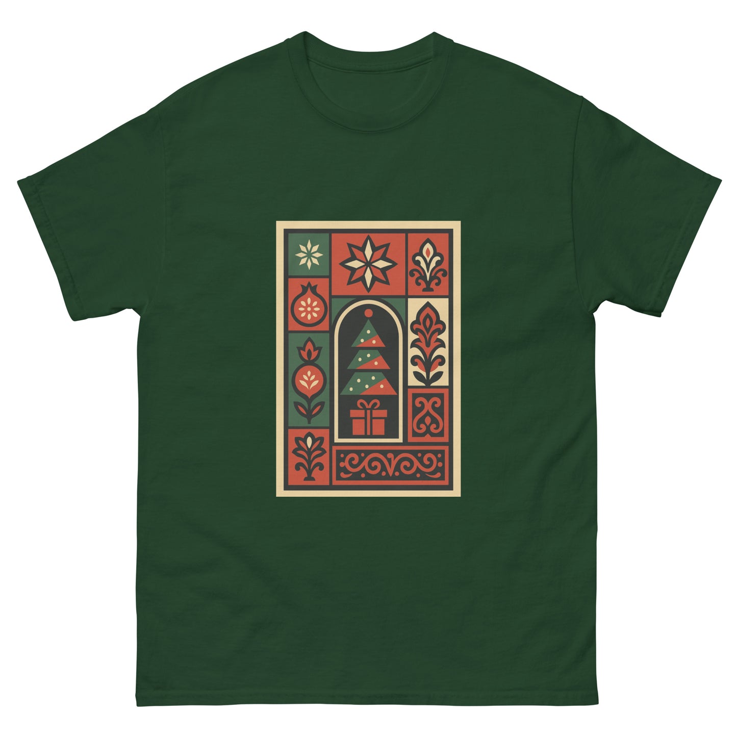 Green t-shirt with a festive graphic design on a white background