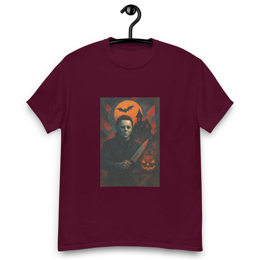Maroon t-shirt with a graphic design of a character holding a knife and pumpkins on a hanger.