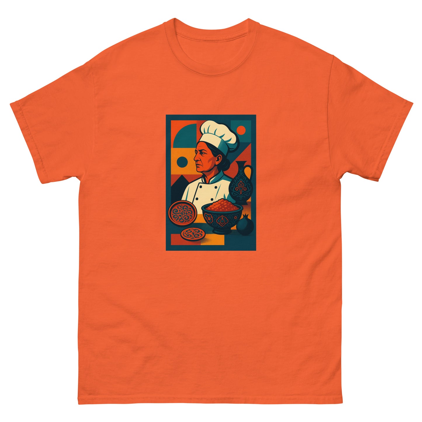 Orange t-shirt with a graphic of a chef and ingredients on a white background