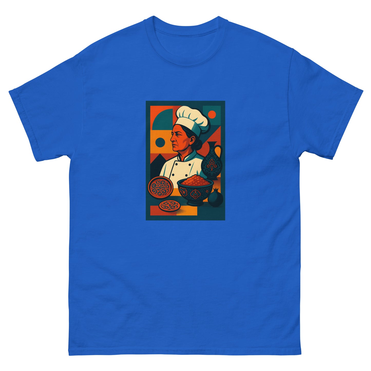 Blue t-shirt with a graphic of a chef on a white background