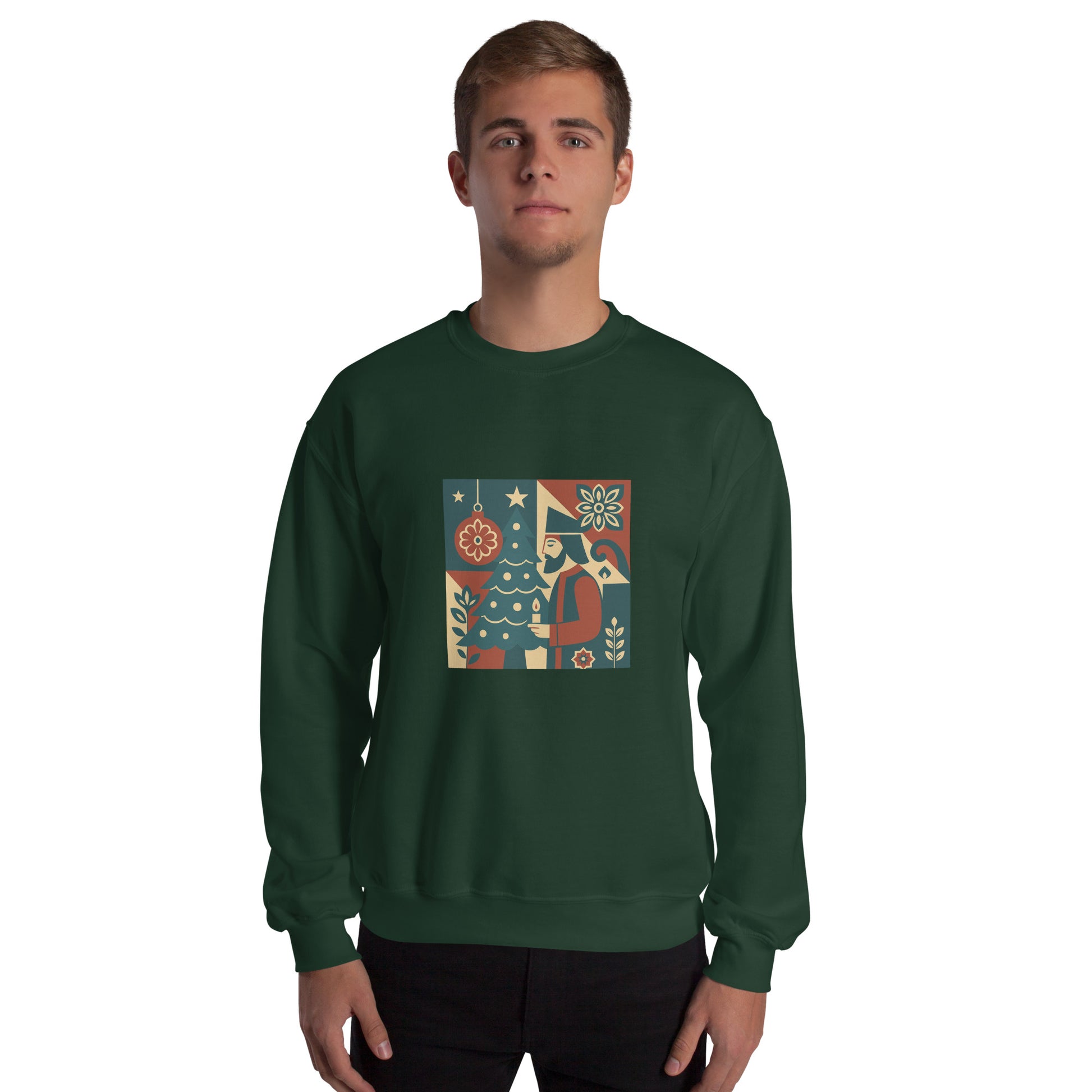 Person wearing a green sweatshirt with a colorful graphic design on a white background