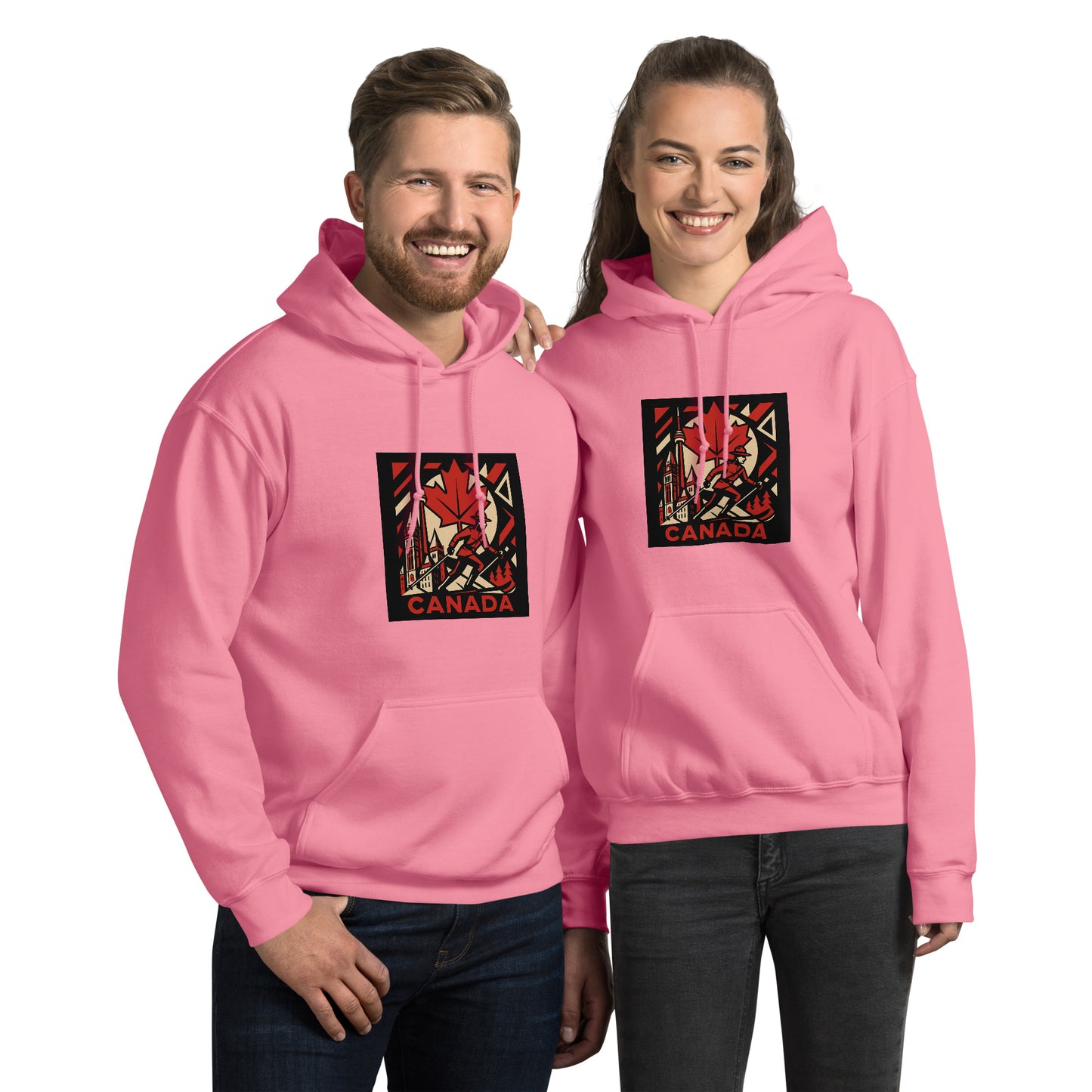 Two people wearing pink hoodies with a 'Canada' design on a white background
