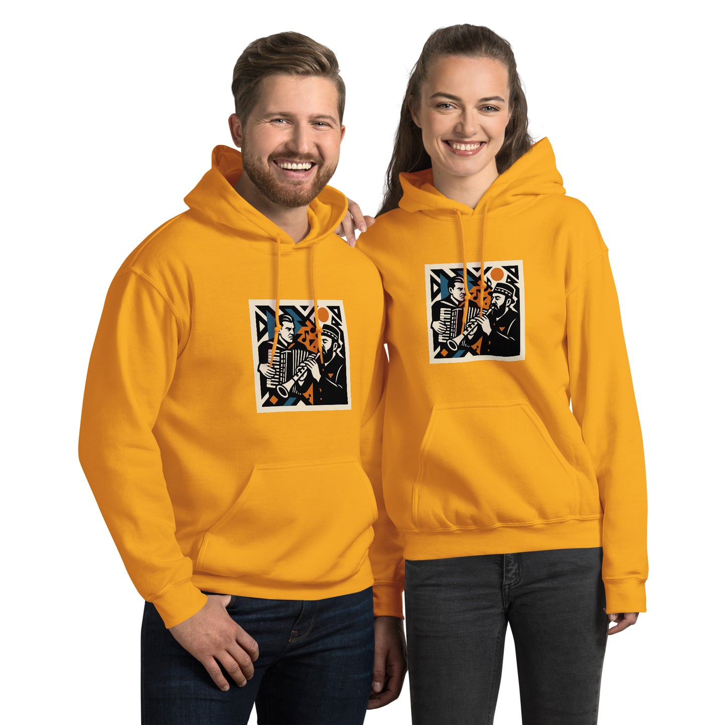 Two people wearing yellow hoodies with a graphic design on a white background