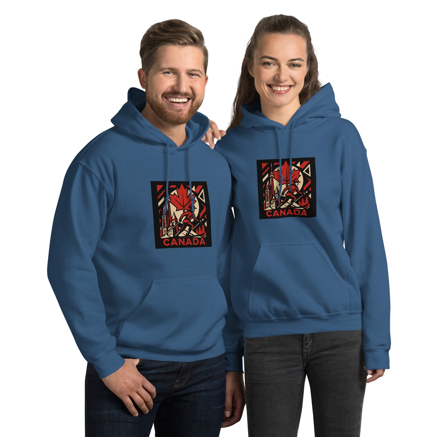 Two people wearing blue hoodies with a 'Canada' design on a white background