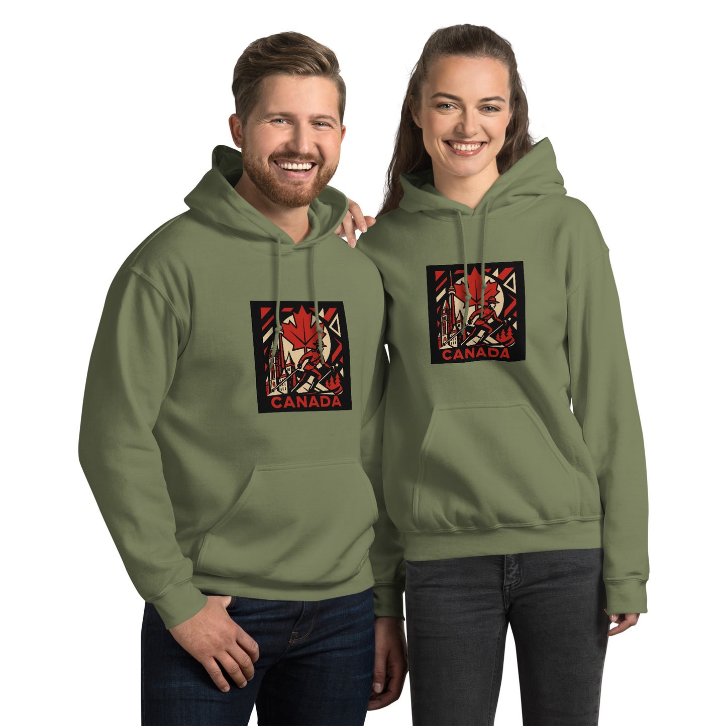 Two people wearing green hoodies with a 'Canada' design on a white background