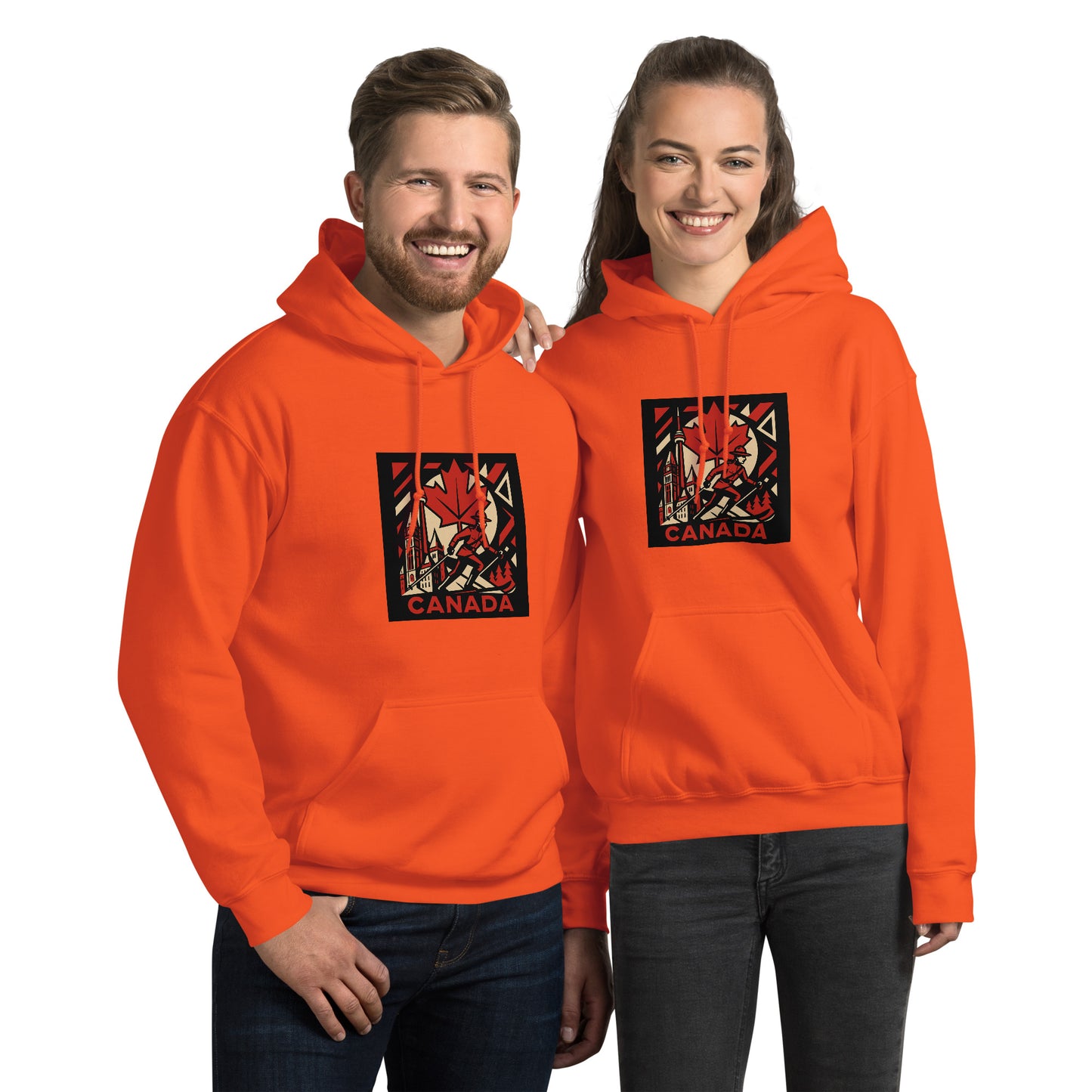 Two people wearing orange hoodies with a graphic design on a white background