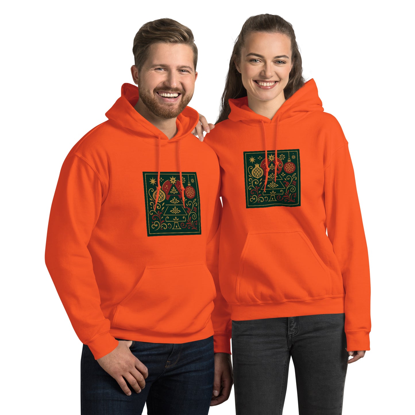 Two people wearing orange hoodies with a design on a white background