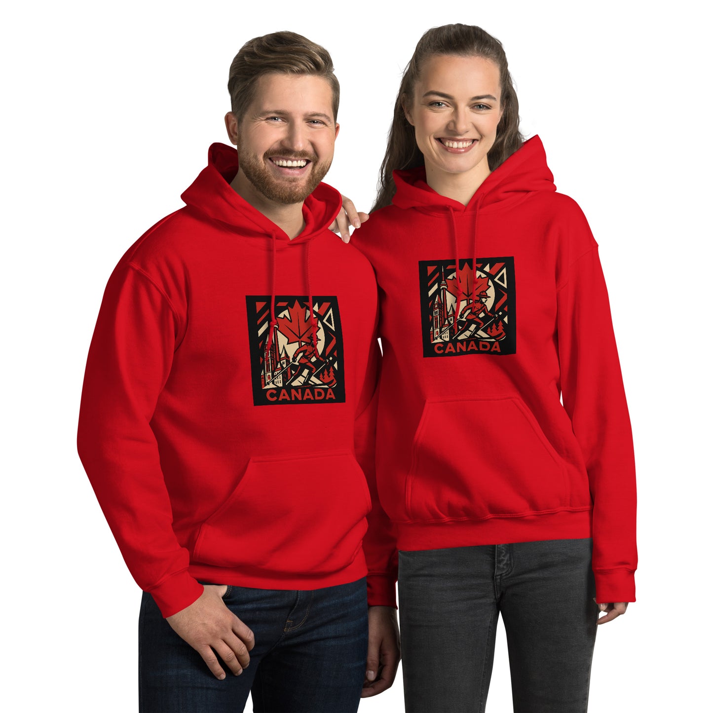Two people wearing red hoodies with a design and 'Canada' text on a white background