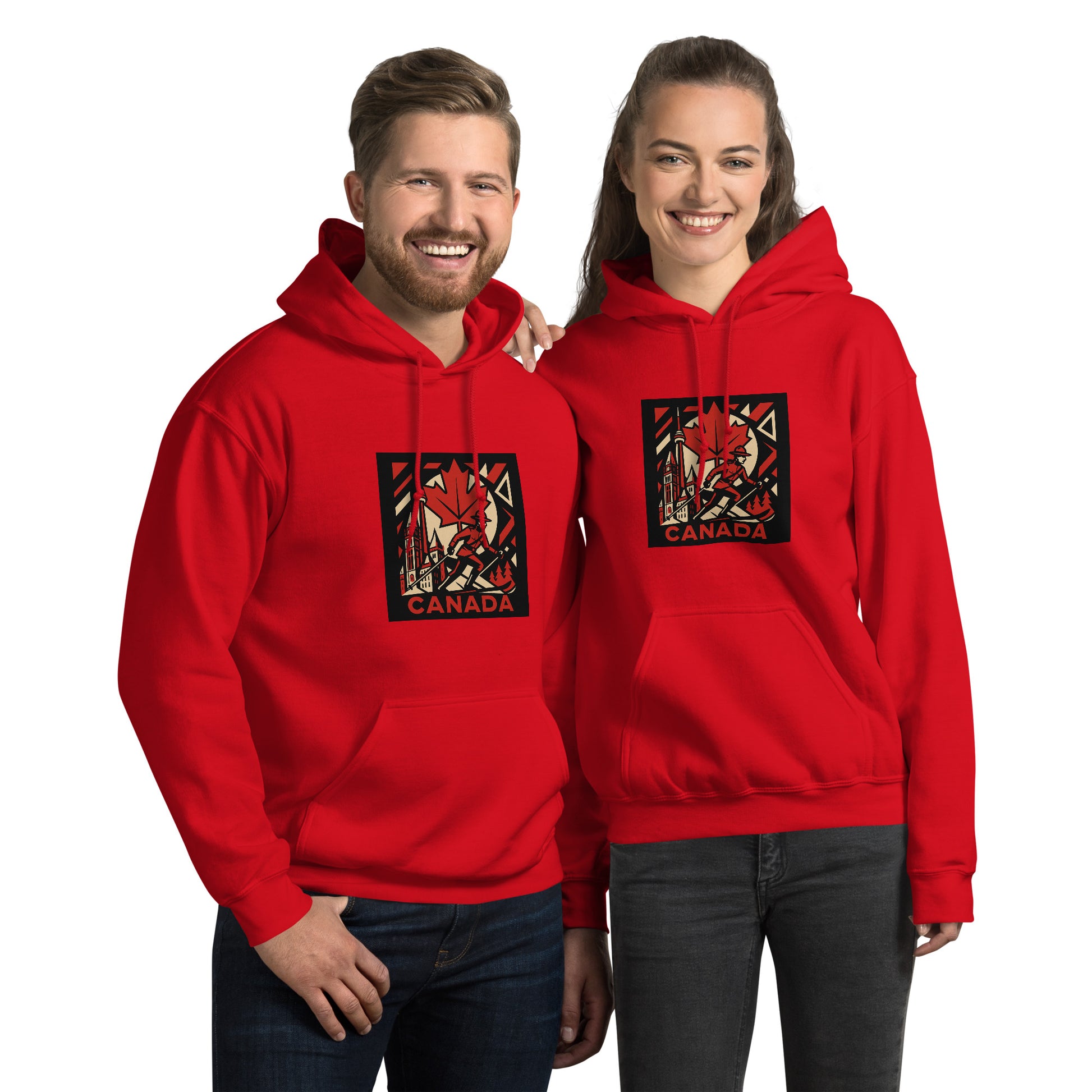 Two people wearing red hoodies with a design and 'Canada' text on a white background