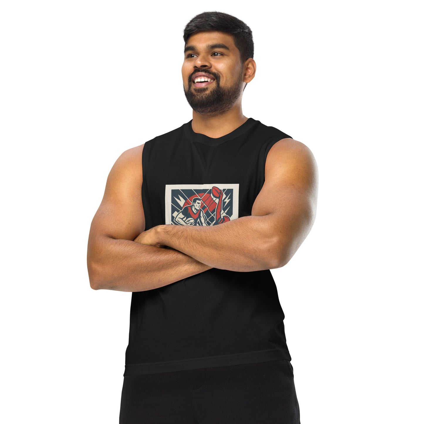 Man wearing a black sleeveless shirt with a graphic design on a white background