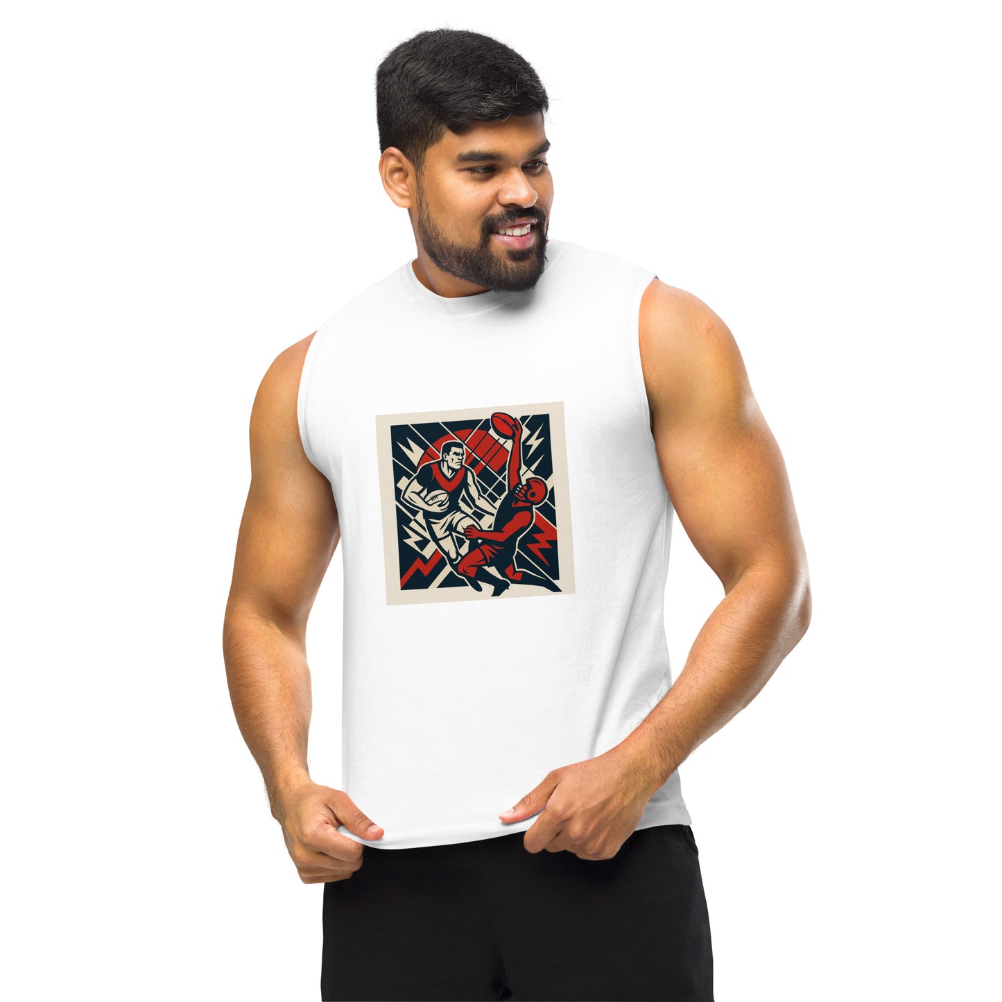 Man wearing a white sleeveless shirt with a graphic design on a white background